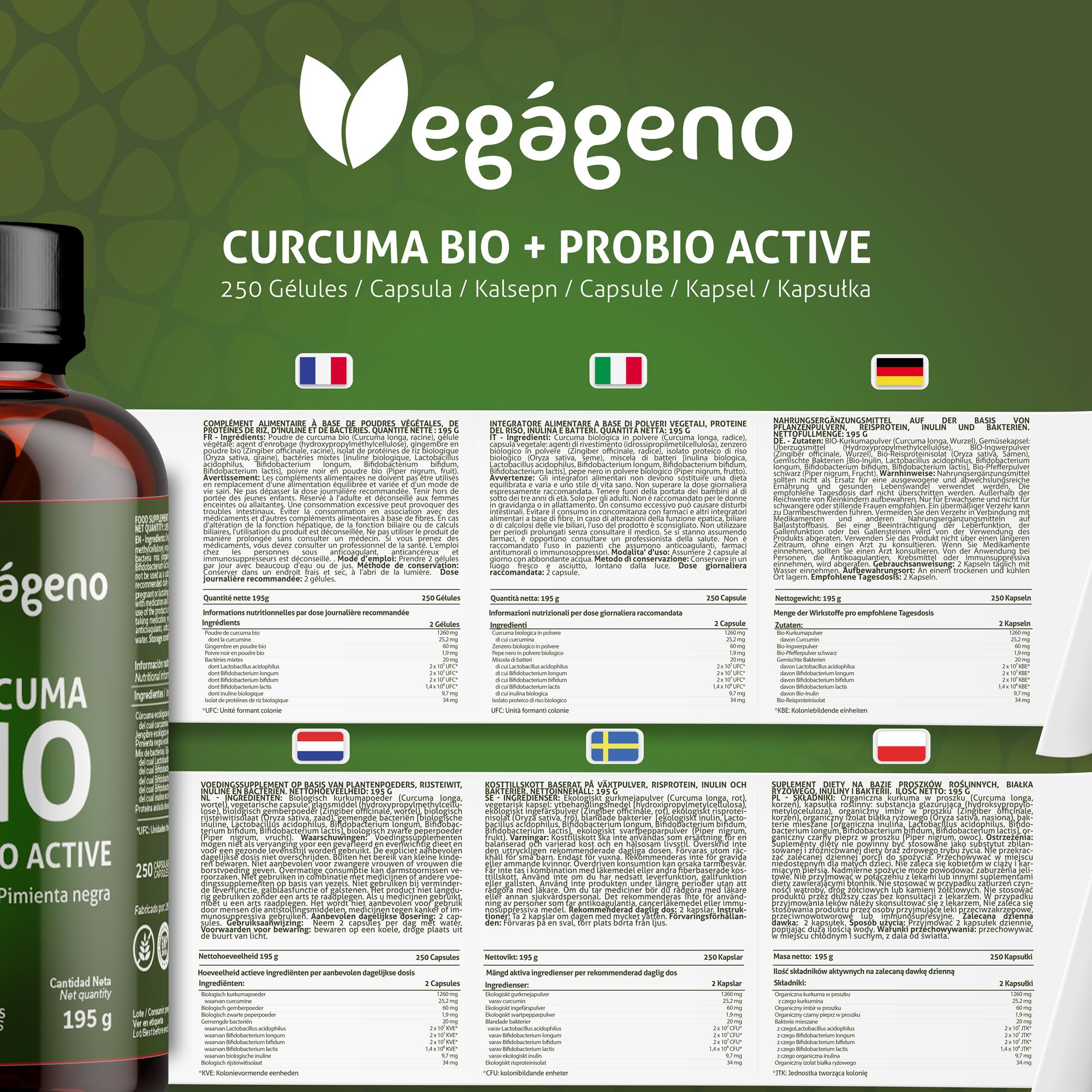 Cúrcuma con Jengibre y Pimienta Negra Bio – 250 Cápsulas con Probióticos (200 millones de UFC) y Prebióticos (Inulina Orgánica) – Curcumina y Piperina – VEGAGENO
