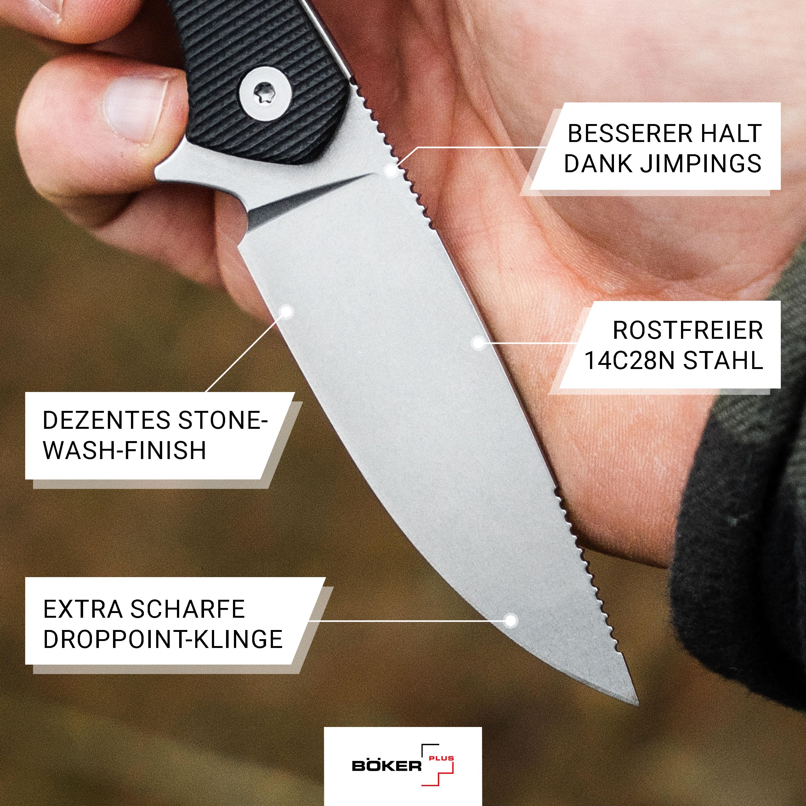 BÖKER PLUS® Brasa – EDC Messer mit feststehender Klinge 42a konform – Fulltang Jagdmesser mit G10 Griff schwarz & Kydex-Scheide – leichtes Backup Gürtelmesser mit 7,2 cm Droppoint Klinge