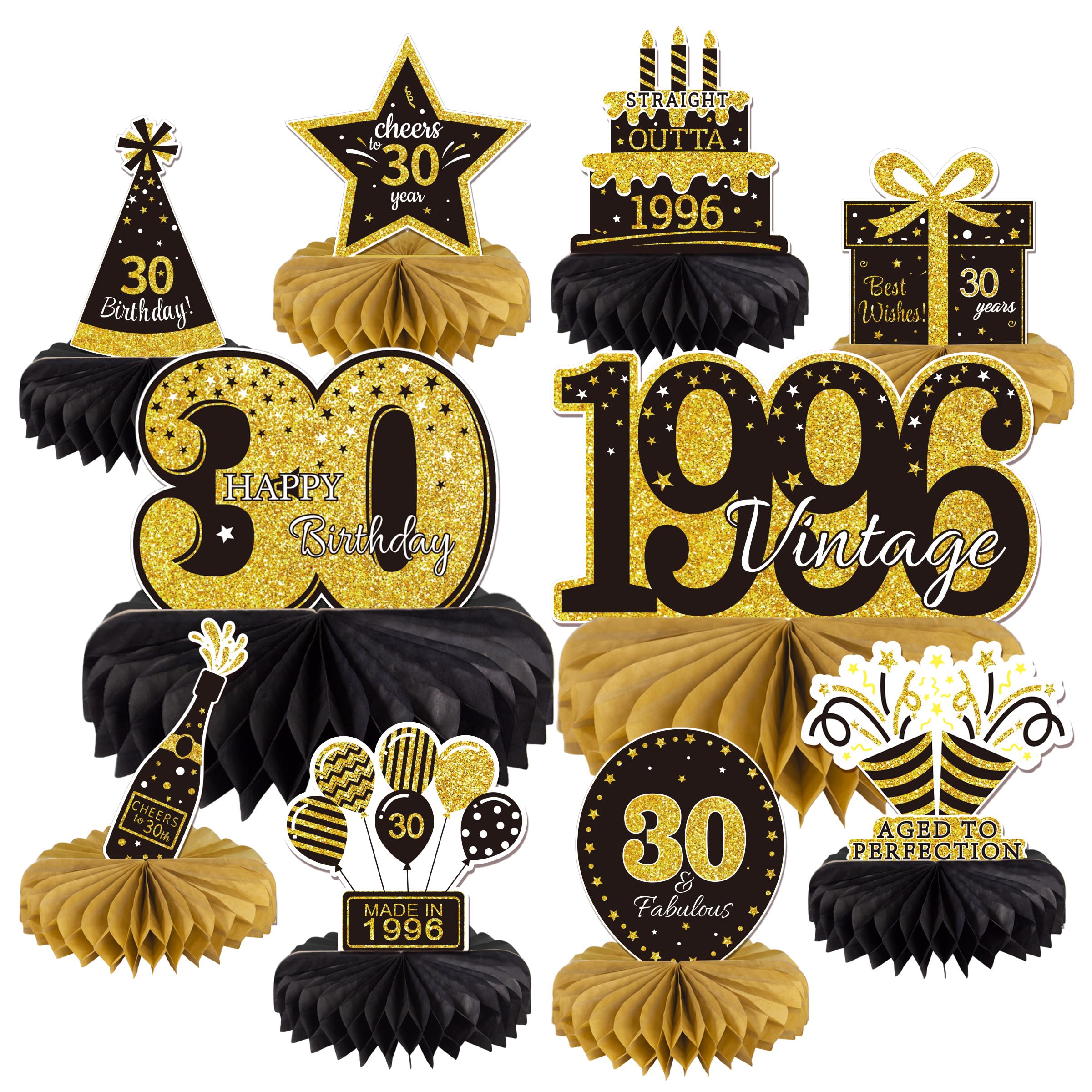 10PCS 30th Birthday Decorations Centerpieces for Table Decorations, 2026 Vintage 1996 Honeycomb Table Topper for Him Back in 1996 Birthday Party Decoration for Men and Women (Gold &amp; Black, 30 Years)
