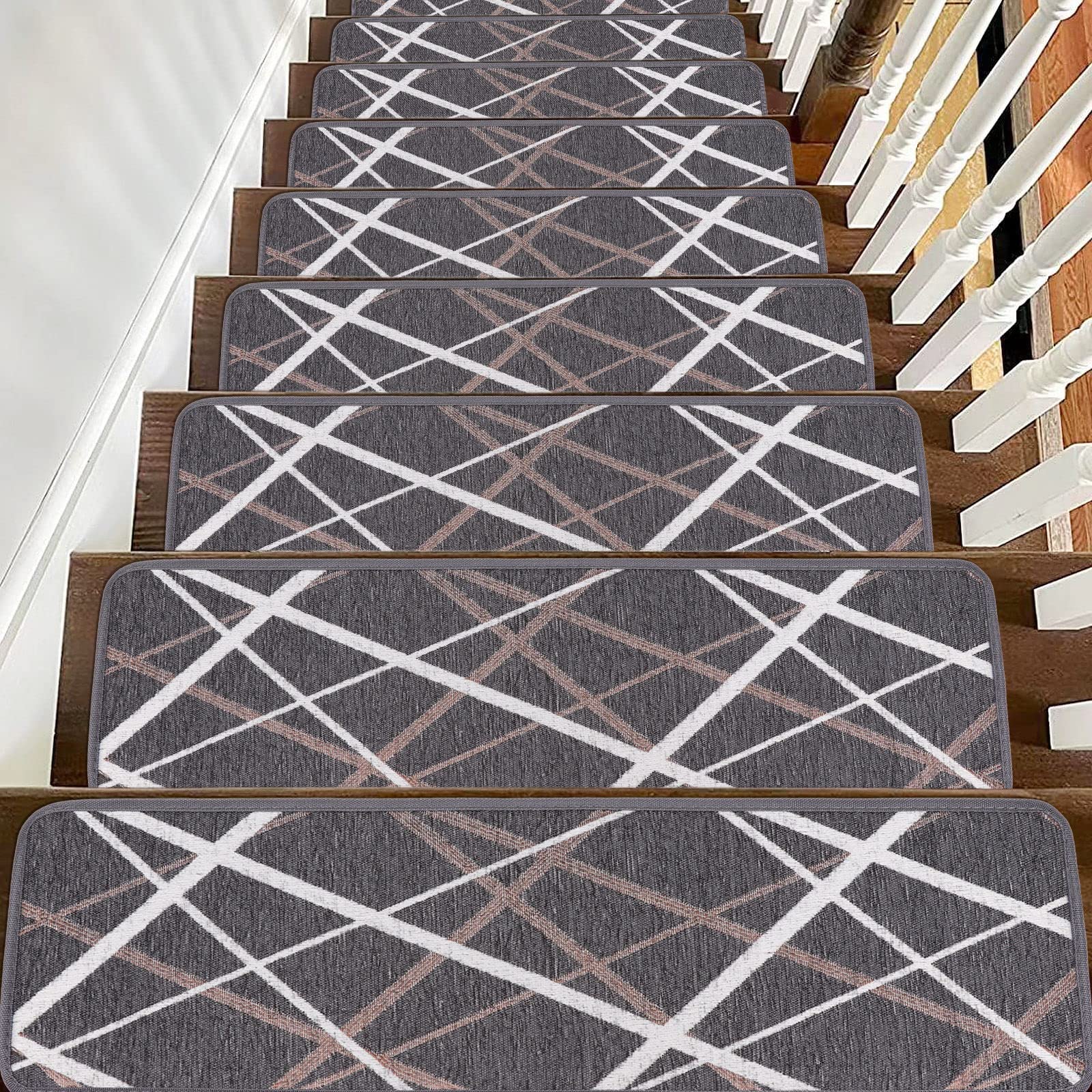 SUNNIKA Stair Treads for Wooden Steps Indoor,13Pcs 8x30in Non Slip Stair Treads Carpet,Bullnose Peel and Stick Stair Treads for Elders,Kids,Dogs,Dark Grey