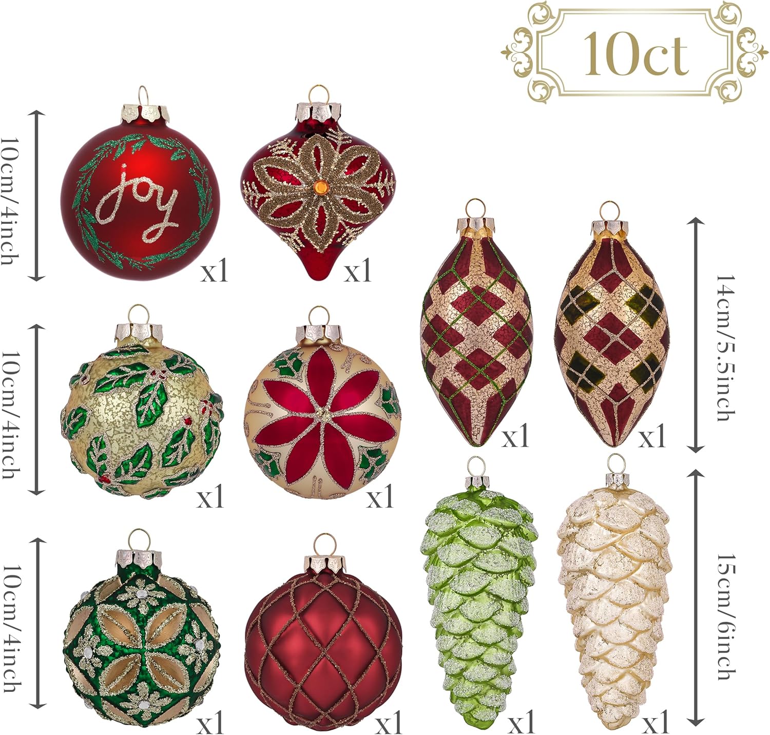Valery Madelyn Glass Christmas Ornaments Set, 10ct Red Green and Gold Mercury Blown Glass Christmas Tree Ball Decorations, Traditional Country Xmas Hanging Teardrop Finial Bulk for Holiday Decor