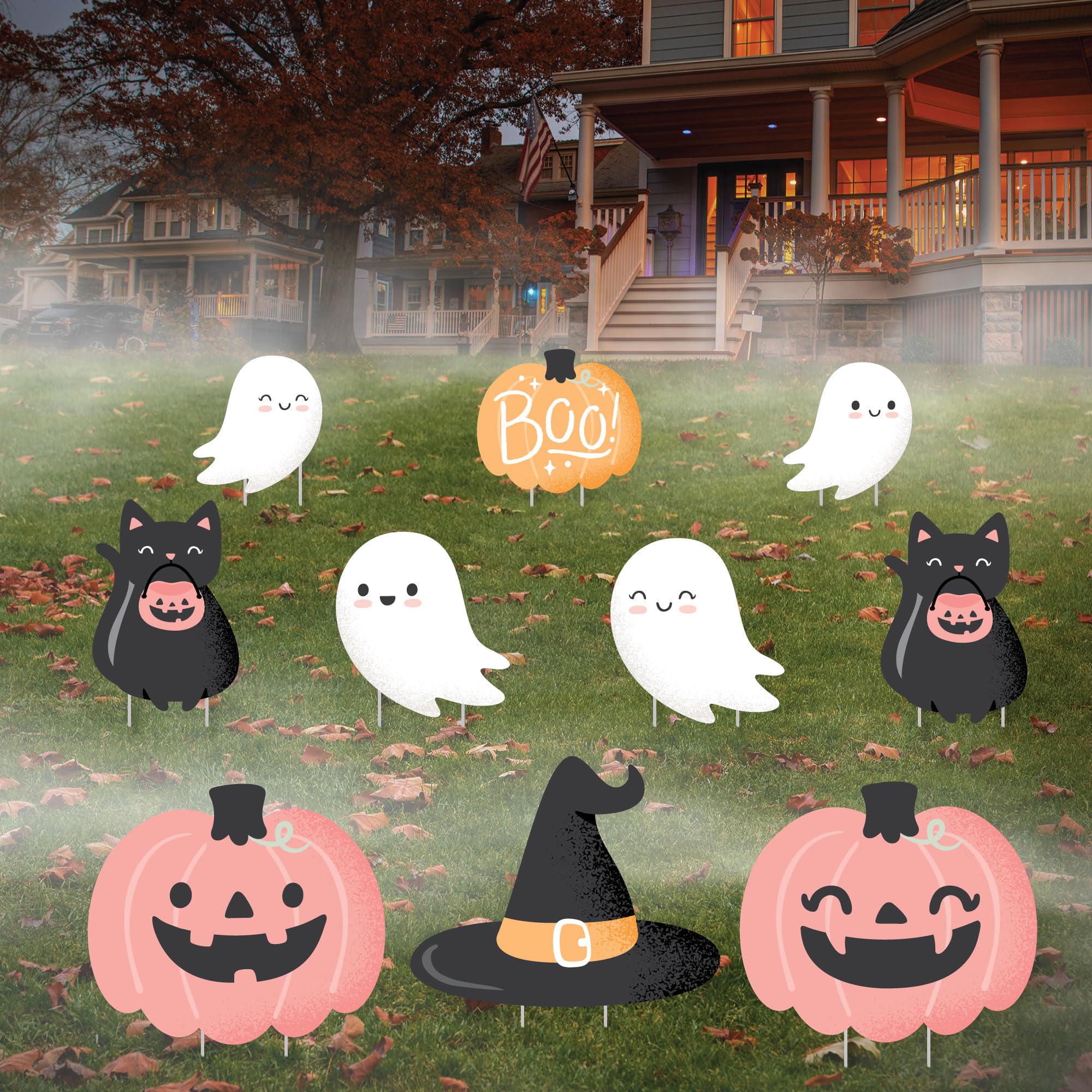 Big Dot of Happiness Pastel Halloween - Ghost, Pumpkin, Cat and Hat Lawn Decorations - Outdoor Pink Pumpkin Party Yard Decorations - 10 Piece