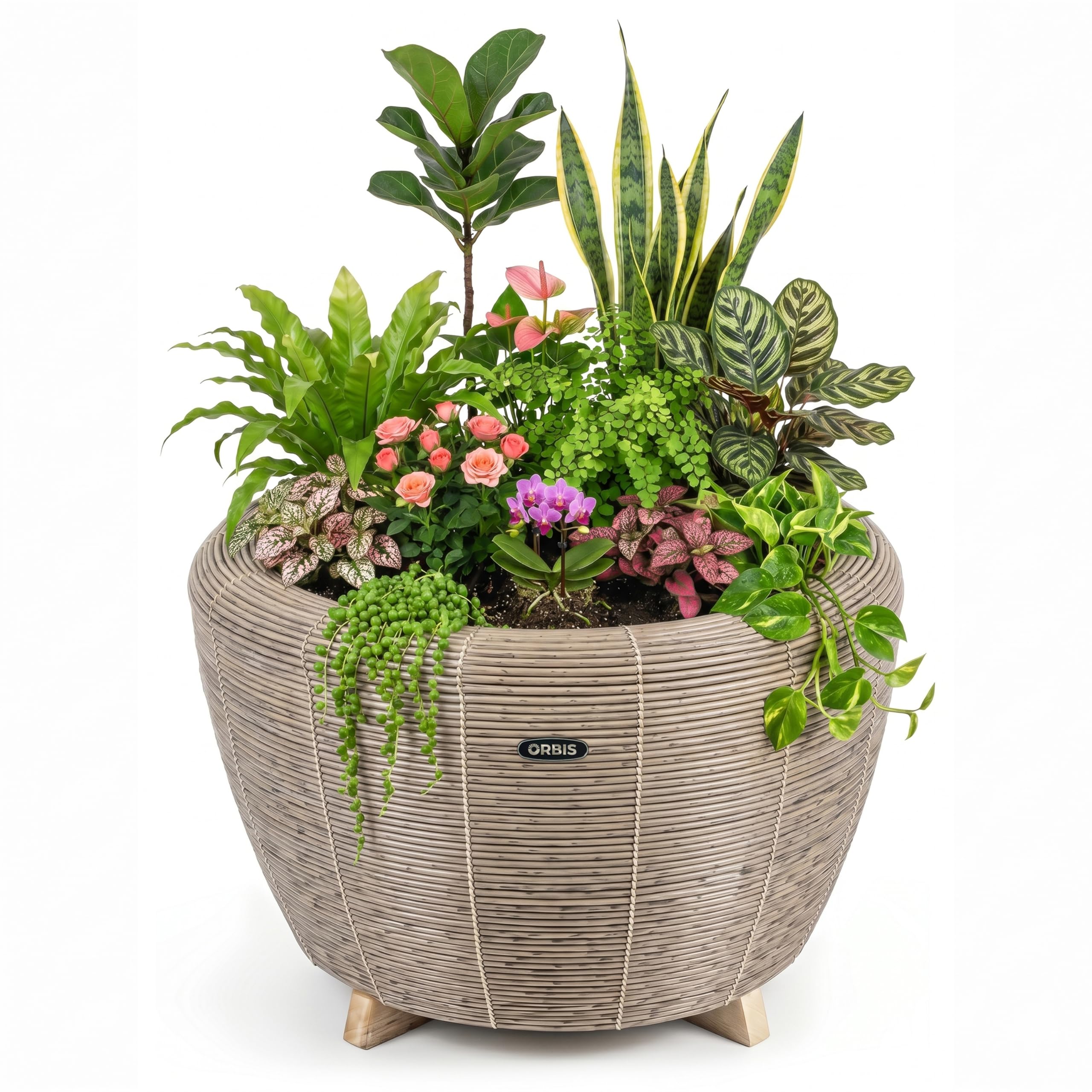 velda Orbis Planter Sepia – Large Garden Planters for Indoor & Outdoor Use – Wicker Basket with Wooden Base & Frost Resistant 70 Litre Tub – Ø 67 x 44 cm