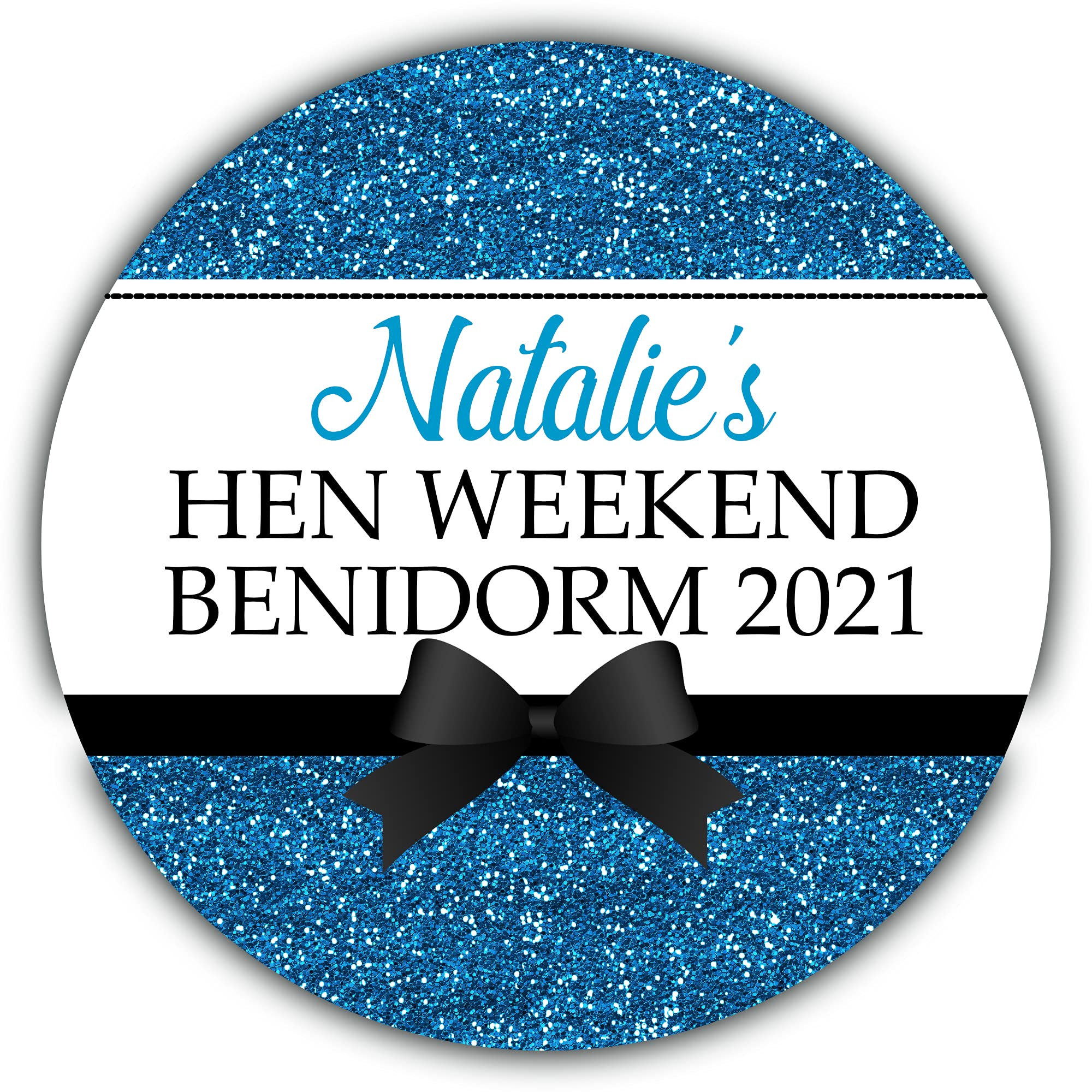 Personalised Gloss Hen Night Stickers Labels for Party Bag Thank You Printed Glitter Effect (24 x Round 45mm Medium, Blue)