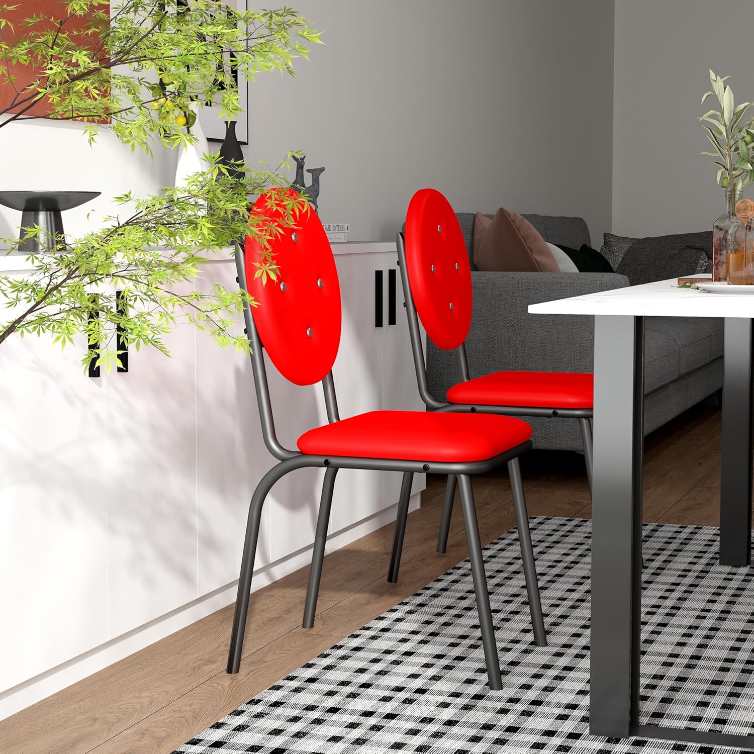 Set of 4 Faux Leather Dining Chairs - Waterproof PU Bar Stools with Sturdy Metal Legs, Easy Assembly Kitchen Counter Height Chairs for Home, Dining Room (RED)