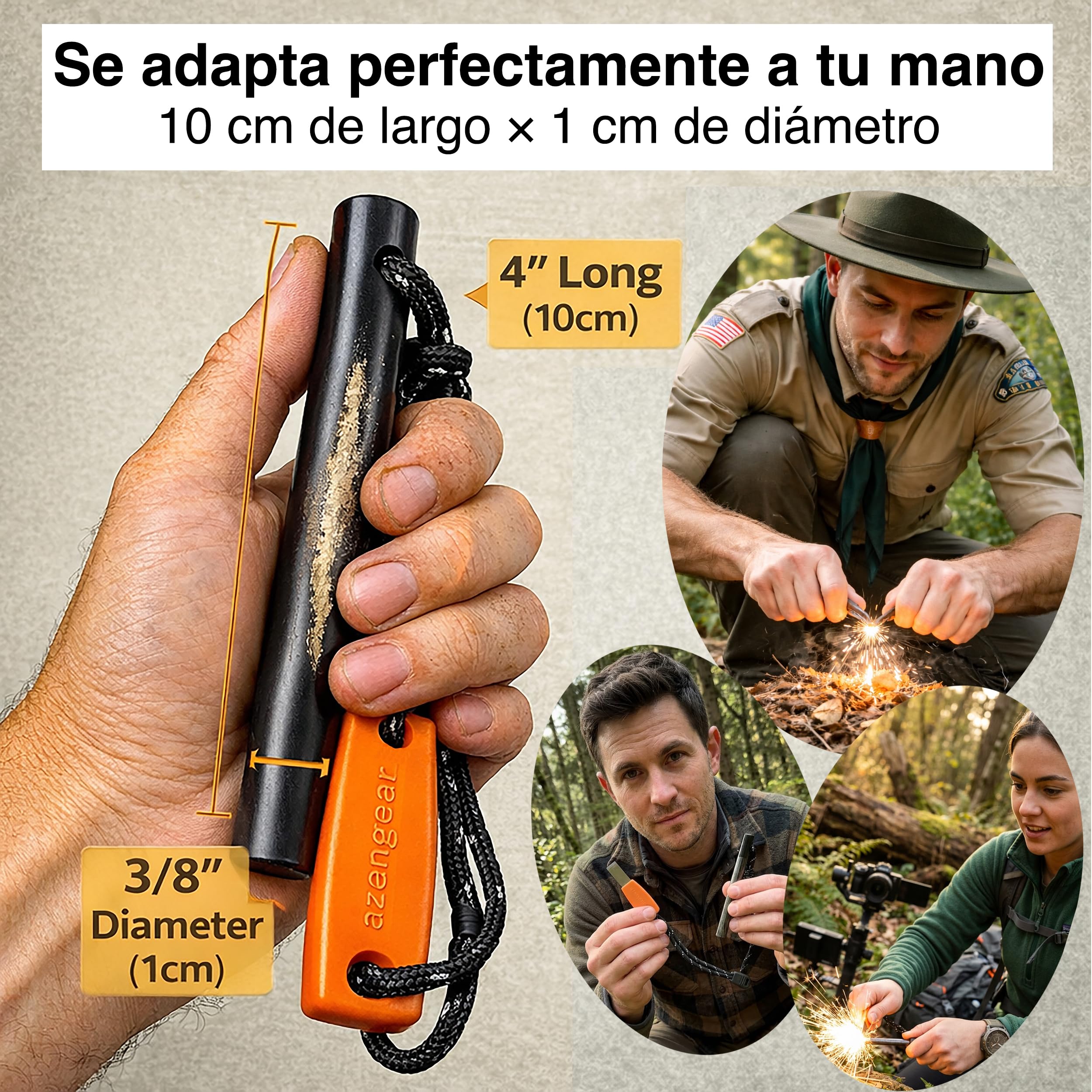 aZengear Encendedor de Fuego Ferrocerio XXL ⌀10 mm con Rascador de Acero HSS y Paracord Fluorescente Firesteel Bushcraft