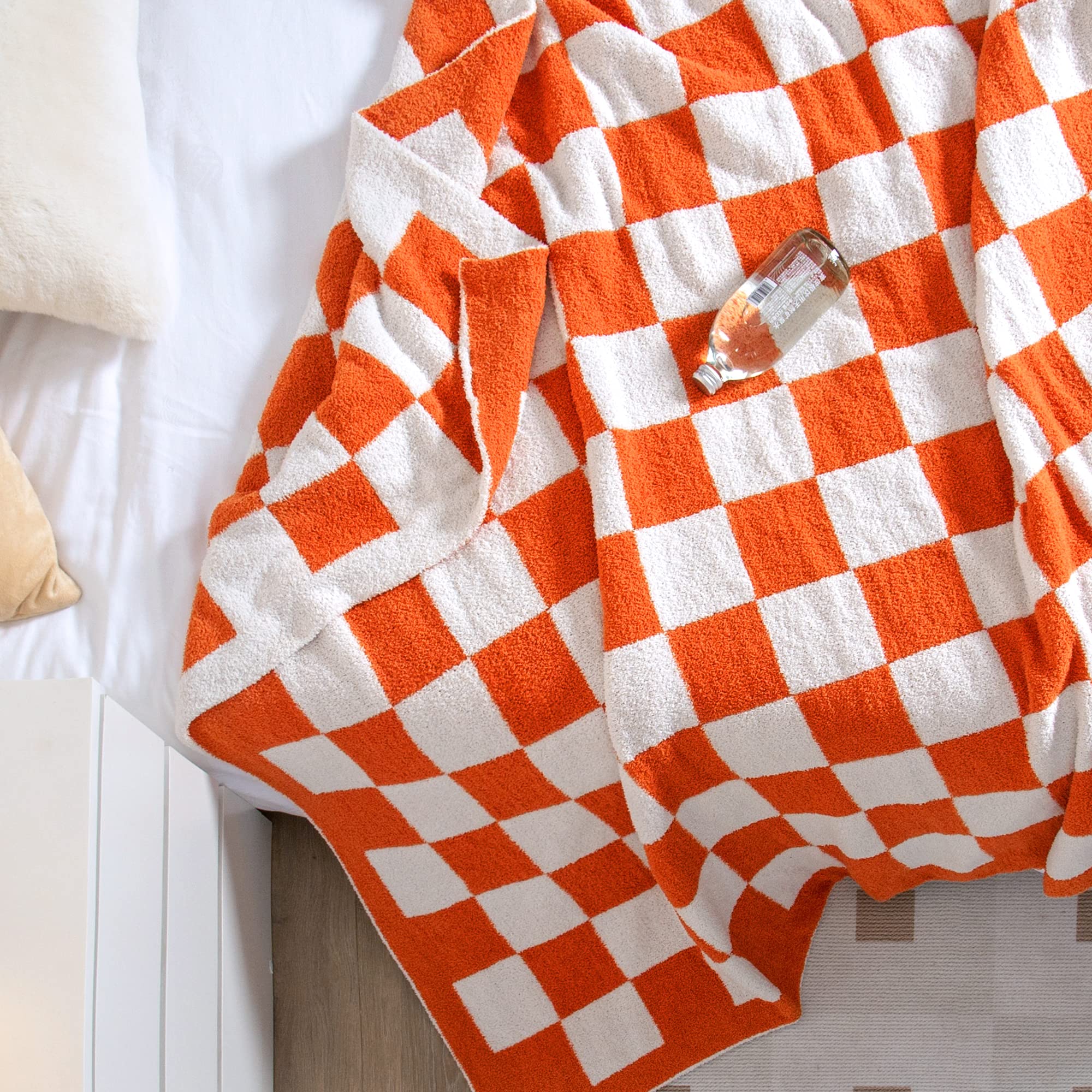 SeaRoomy Manta a cuadros, manta de punto de microfibra suave y esponjosa para sofá cama, cálida y acogedora manta de punto de tablero de ajedrez reversible, decoración de habitación (naranja quemado | Cálida, acogedora, esponjosa, ligera, regalo para muje