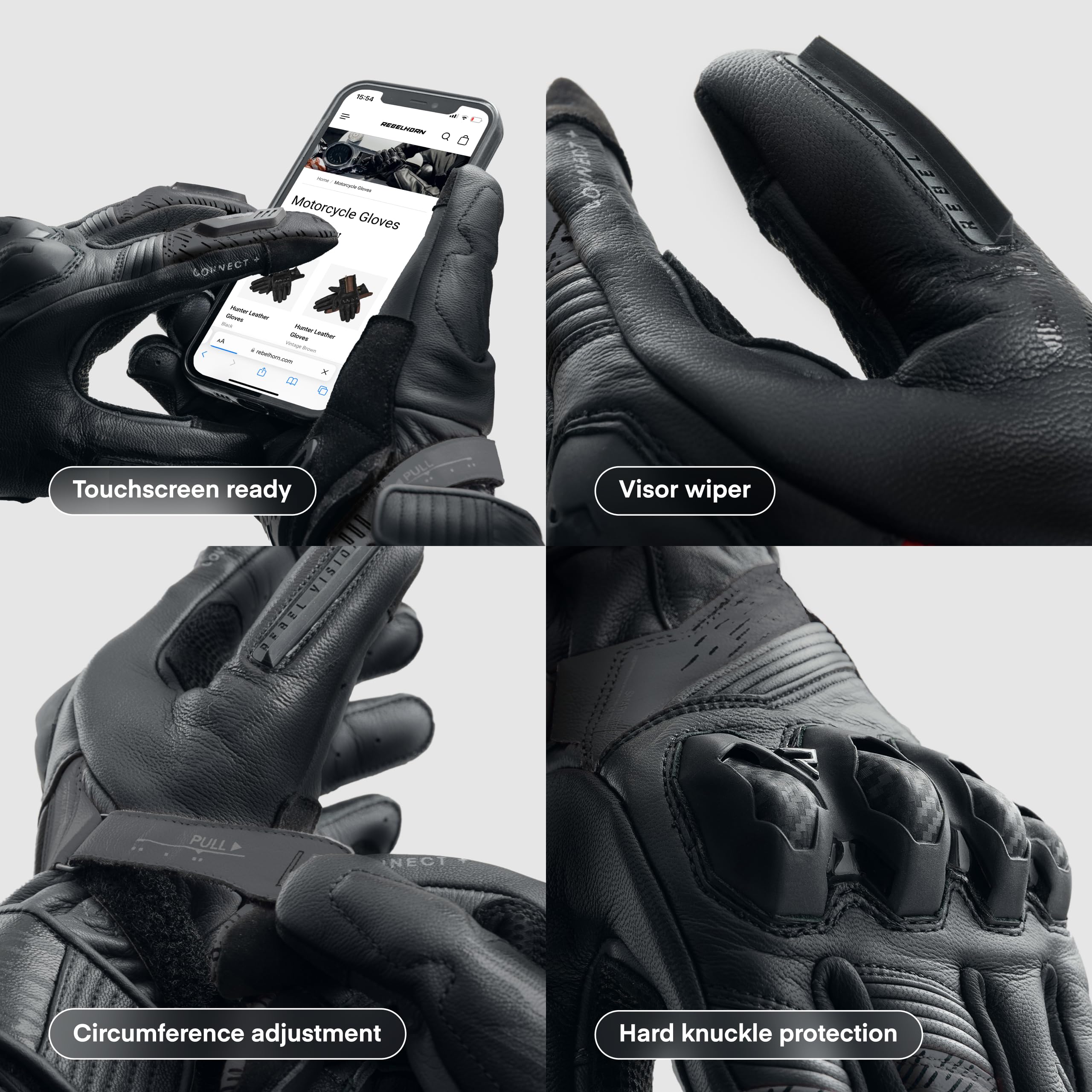REBELHORN Viper Motorradhandschuhe Herren | Leder | Knöchelprotektoren | Schieber an der Unterseite der Hand | Perforation für bessere Belüftung | Größen bis 3XL