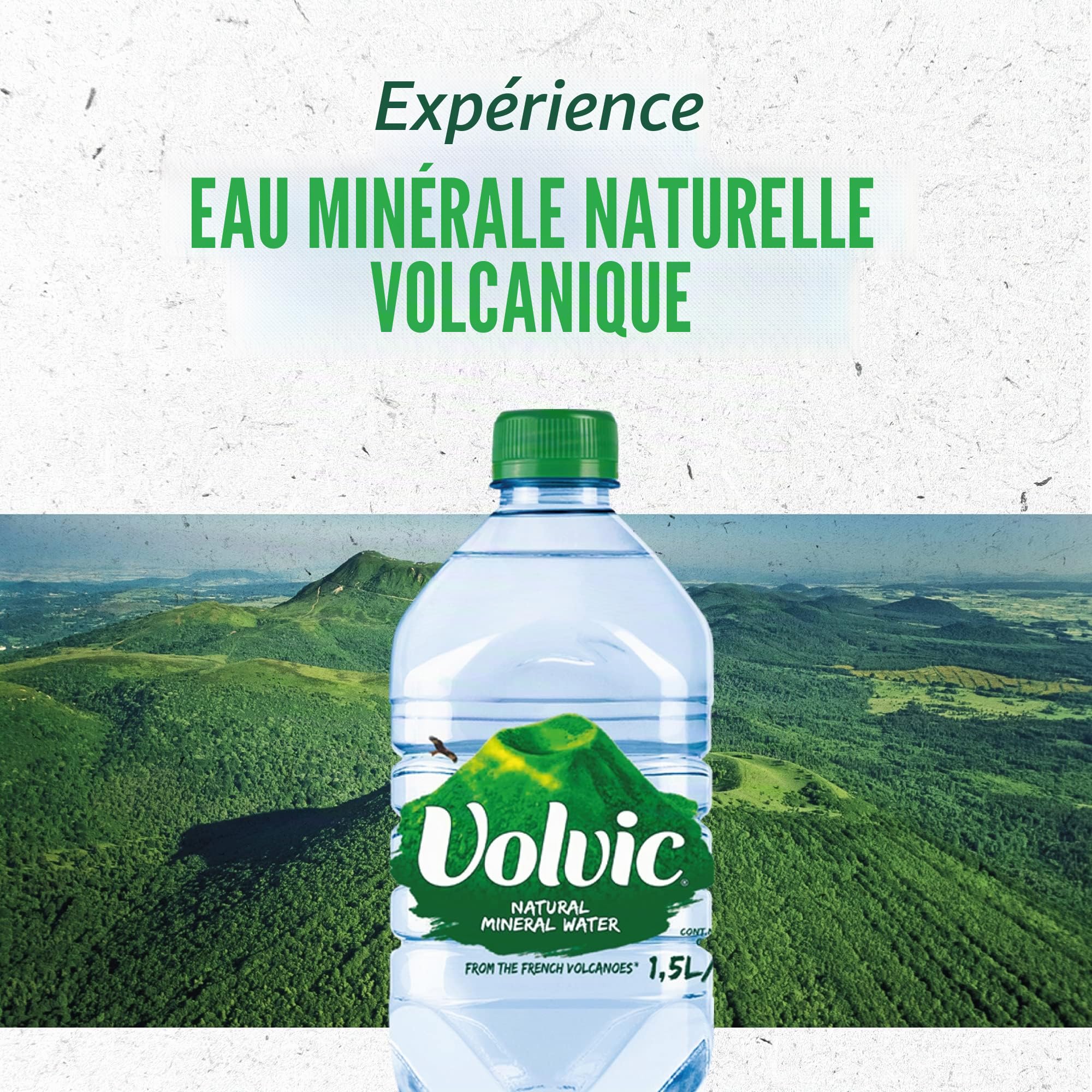 Volvic Eau naturelle, eau potable minérale, bouteille d'eau provenant de sources durables, boîte de 6 bouteilles Volvic de 1,5 l