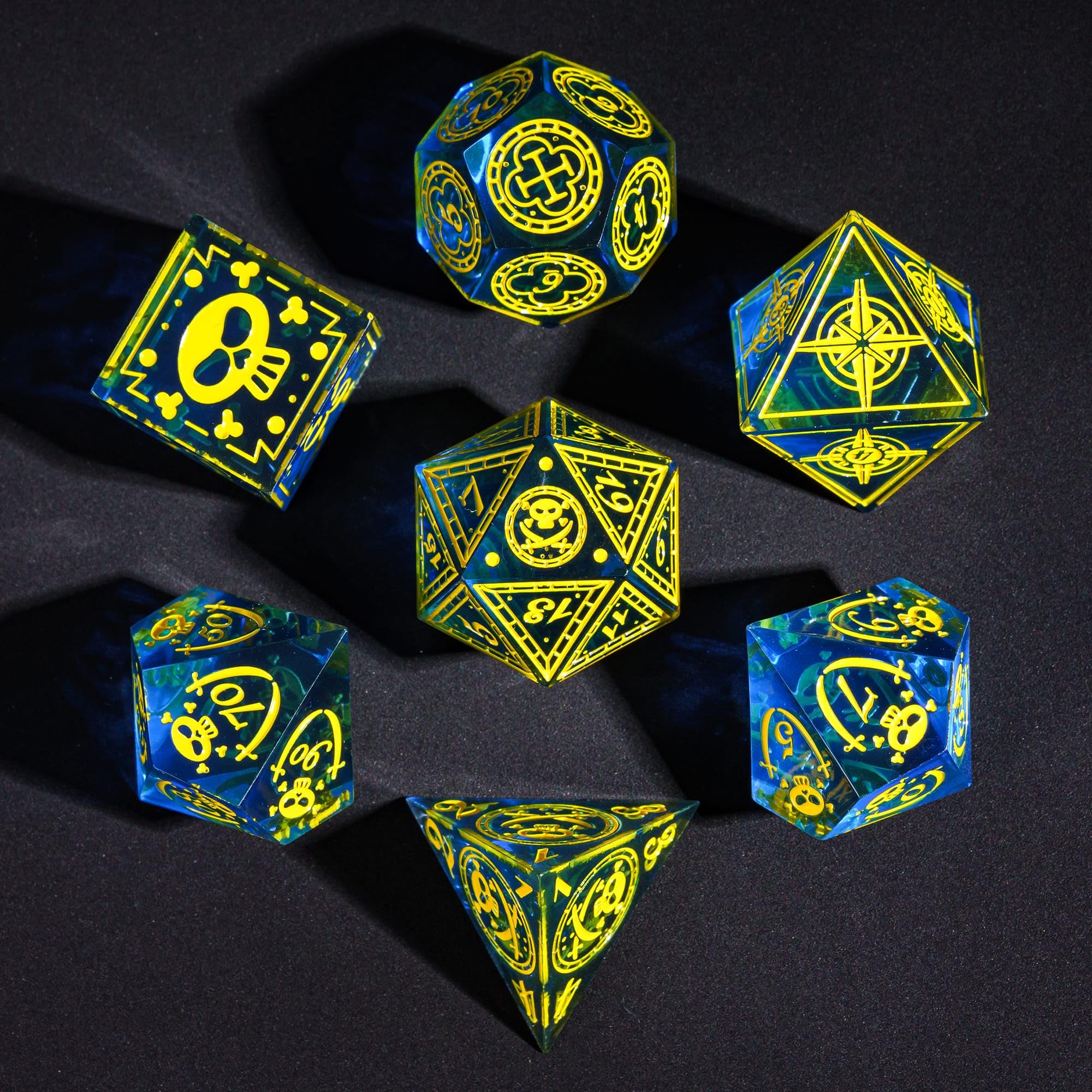 Cusdie 7-Piece Sharp Edges DND Dice Set with Pirate Design - Perfect for Tabletop RPGs Board Games Gifting and Collecting(Blue w/Yellow Pirate Pattern) — image 1