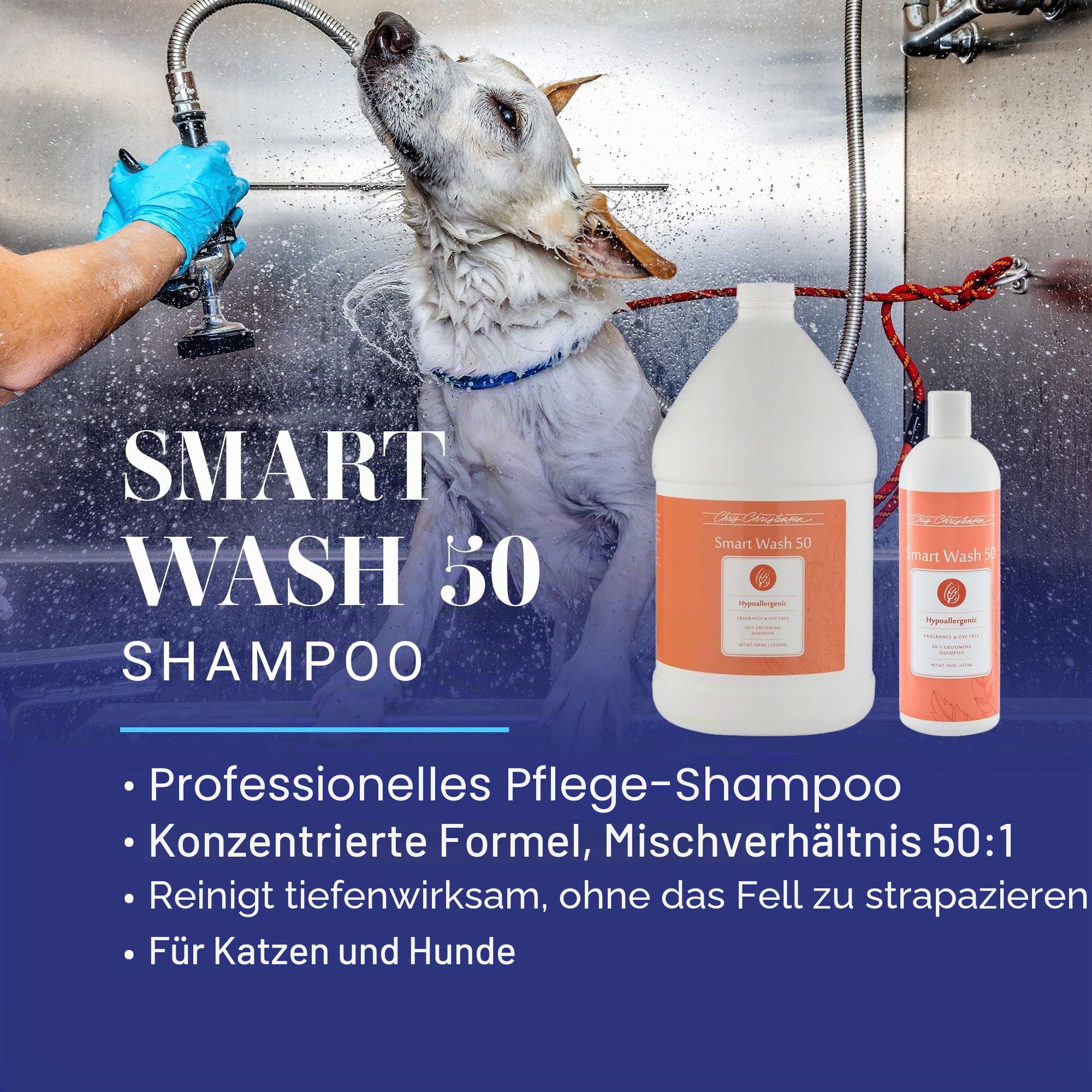 Chris Christensen Smartwash50 Hypo-Allergenic Blend - Professionelles Hundeshampoo für hypoallergene Pflege - Sanfte und beruhigende Reinigung für empfindliche Felltypen, 3,8 l