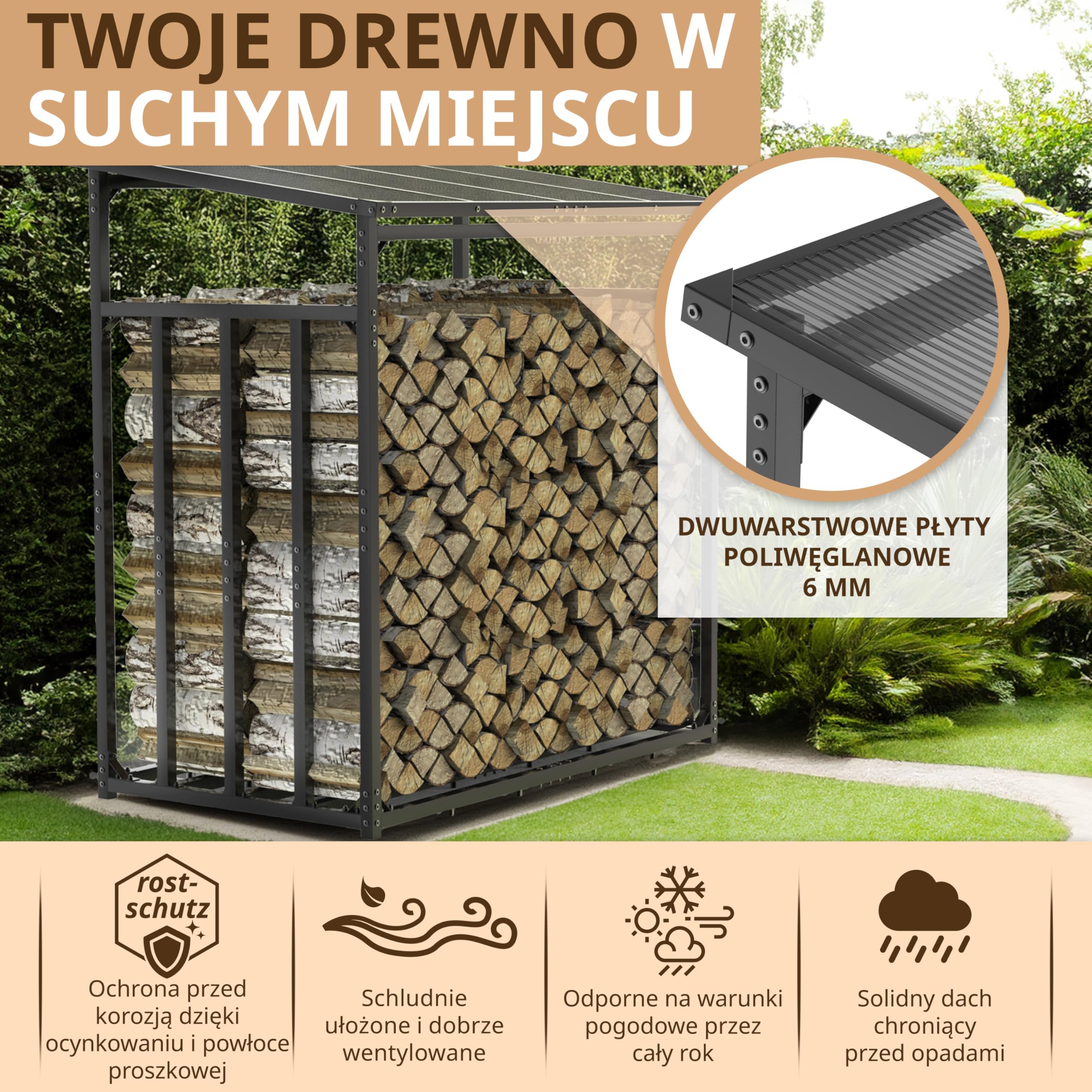 Metalowy regał na drewno opałowe, wymiary zewnętrzne 185 x 105 x 185 cm, ocynkowany 4 x 4 cm, przekrój 3,5 t, z dachem, stabilny drewniany stojak na drewno opałowe, regał