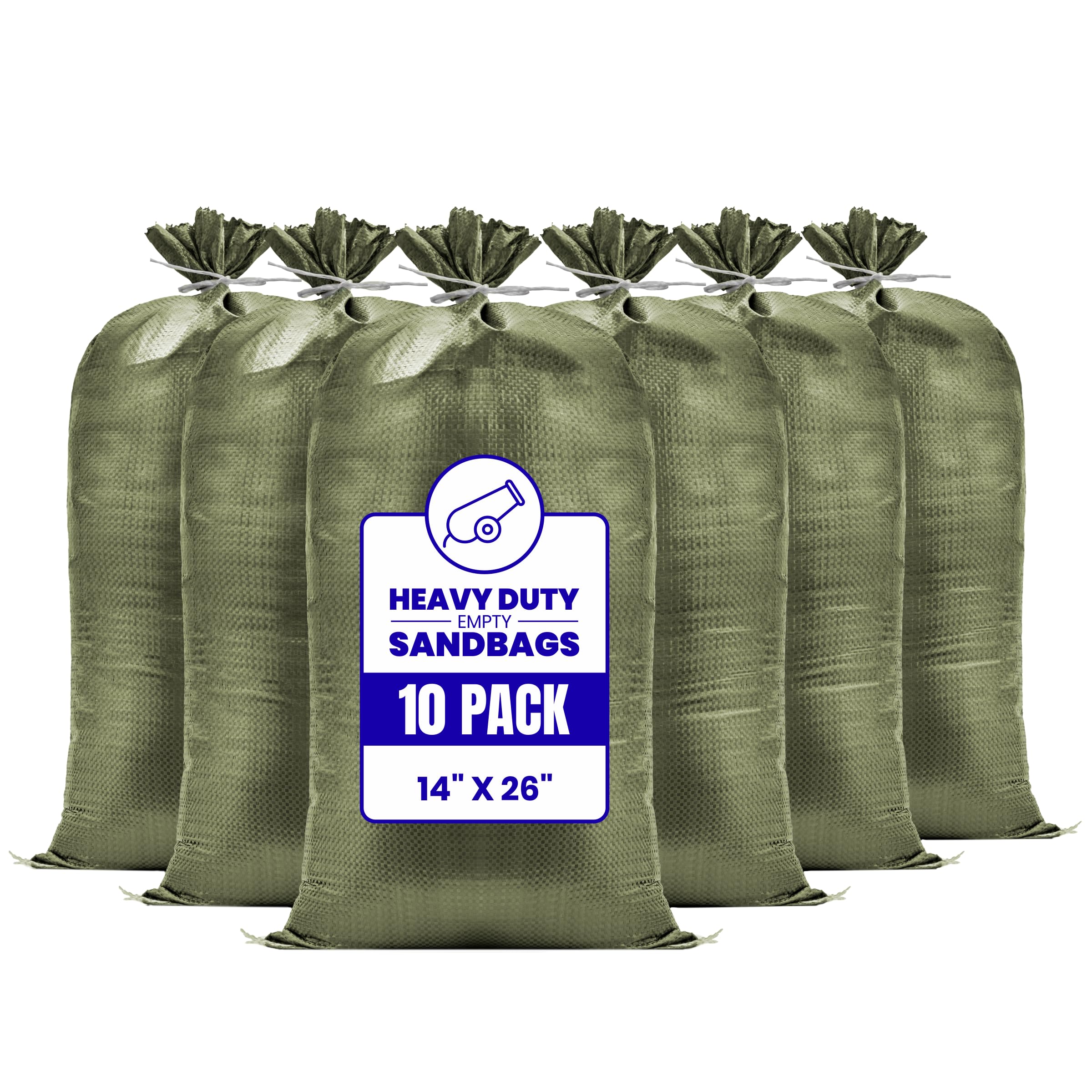 Heavy Duty Sand Bags for Flooding, Not-Made in China Empty Sandbags with Tie Strings, UV Protection 1600 Hours, Flood Control,14in x 26in, Sandbag for Weight, 50lb Capacity, Green 10-Pack
