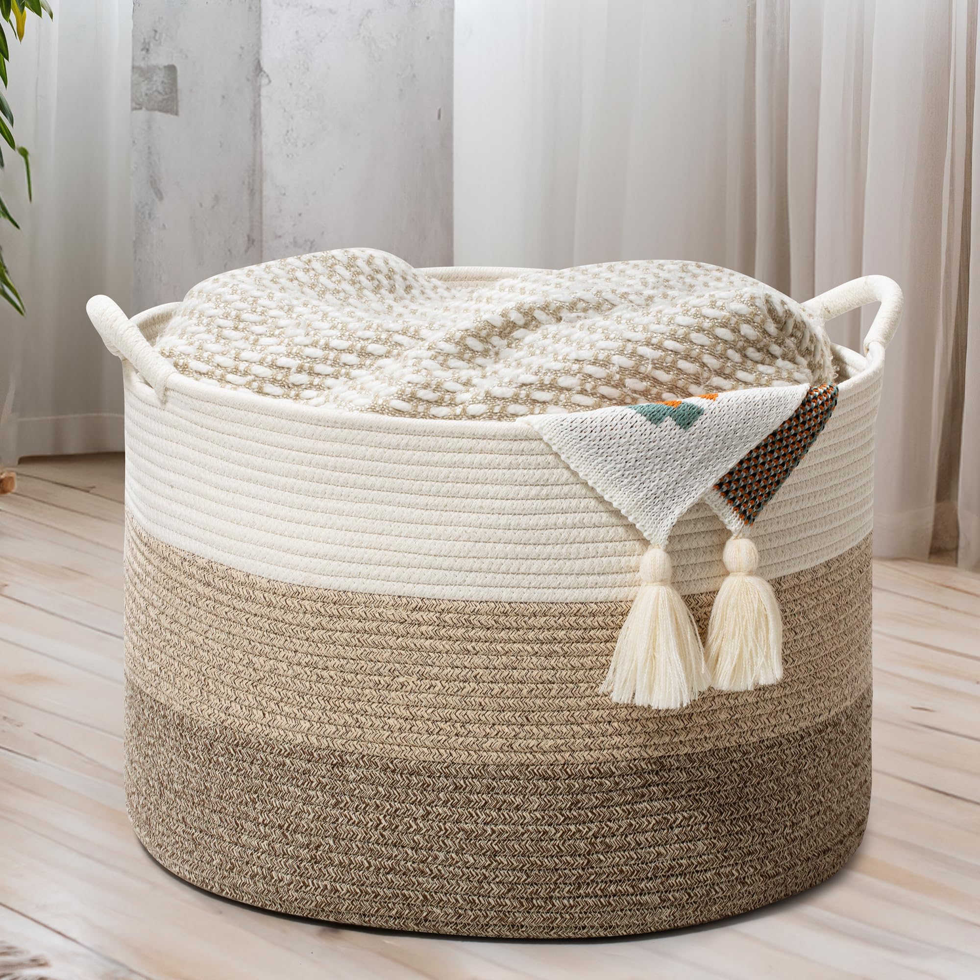 Large Woven Cotton Rope Storage Basket with Handles, Versatile Laundry Hamper Blanket Storage, Modern Round Design for Toys, Pillows, and Home Décor in Living Room, Bedroom Laundry Room, 20"x13"