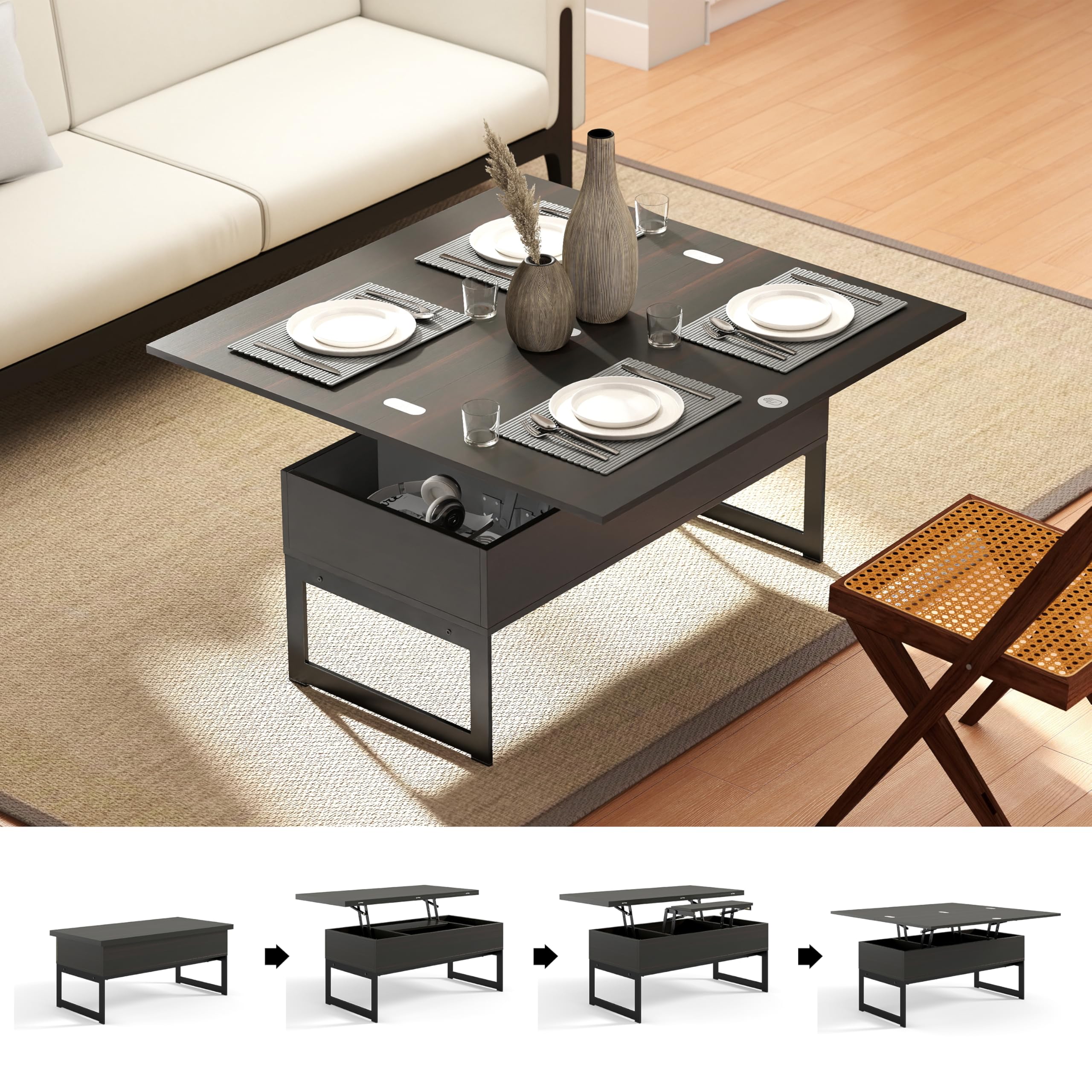 Manora Mesa de Centro Elevable y Extensible, Mesa de Salón o Comedor elevable con Almacenamiento Oculto, Medidas: 94cm x 46cm x 41cm, Negro y Marrón