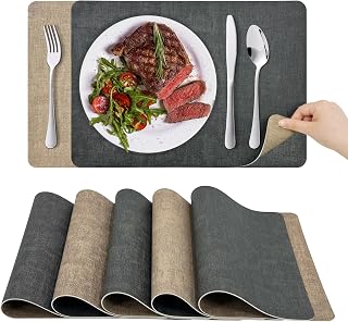 KitchenBoss Platzsets Abwaschbar Tischsets Abwaschbar: Platzdeckchen und Untersetzer 6er Set Hitzebeständig Tischset rutschfest Doppelseitigen Platzset (Grau Aprikose) 43x30cm,10x10cm