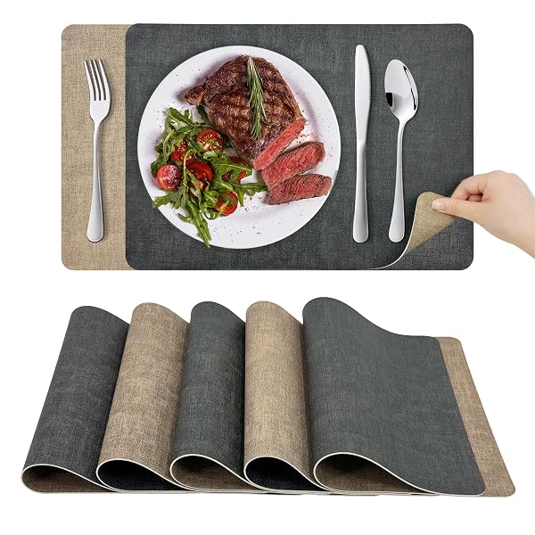 KitchenBoss Tovagliette Lavabili Tovaglietta Americana：Set di 6 Tovaglietta Colazione e Sottobicchieri, Bifacciale Antiscivolo Resistenti, Grigio Albicocca Rettangolare 43x30cm
