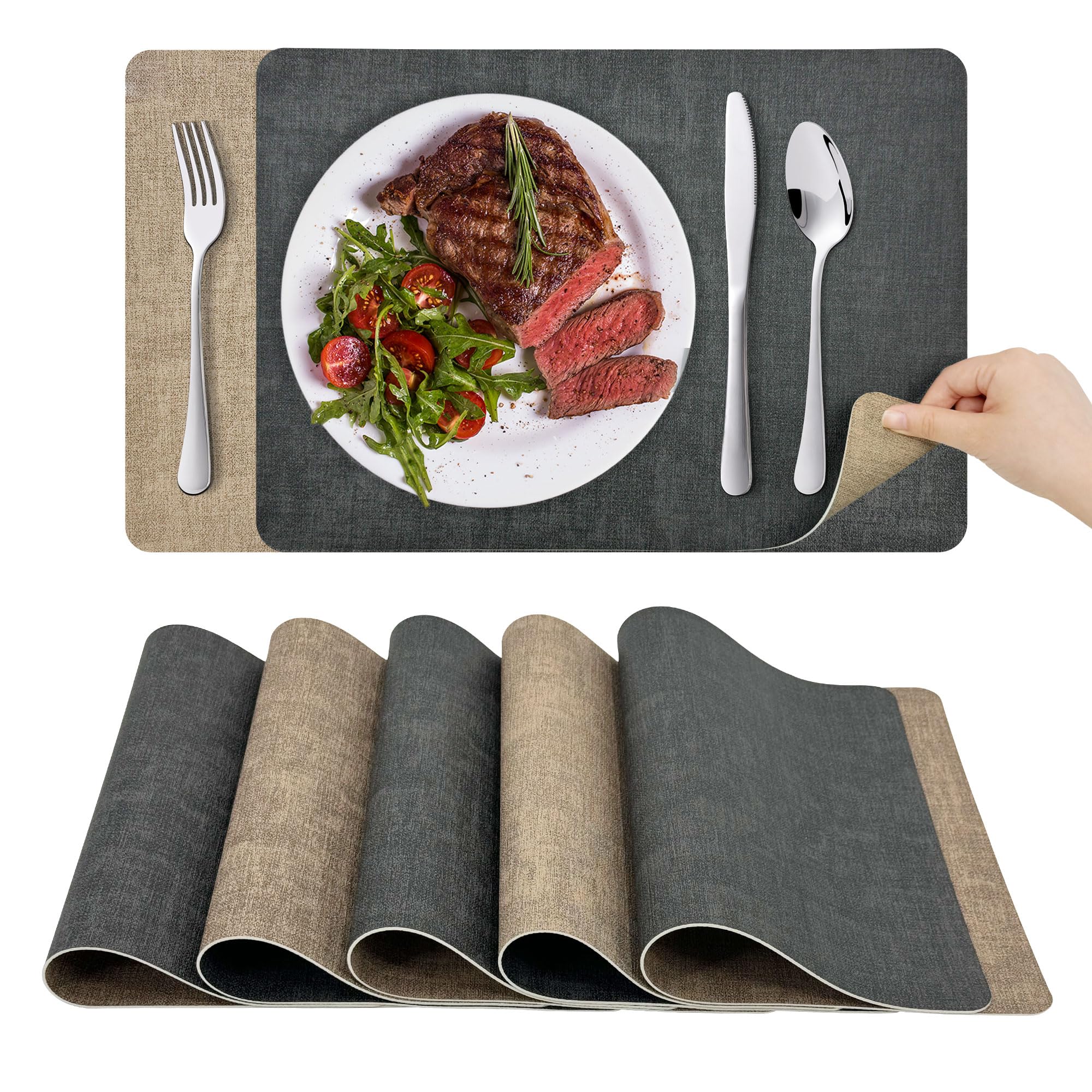KitchenBoss Platzsets Abwaschbar Tischsets Abwaschbar: Platzdeckchen und Untersetzer 6er Set Hitzebeständig Tischset rutschfest Doppelseitigen Platzset (Grau Aprikose) 43x30cm,10x10cm