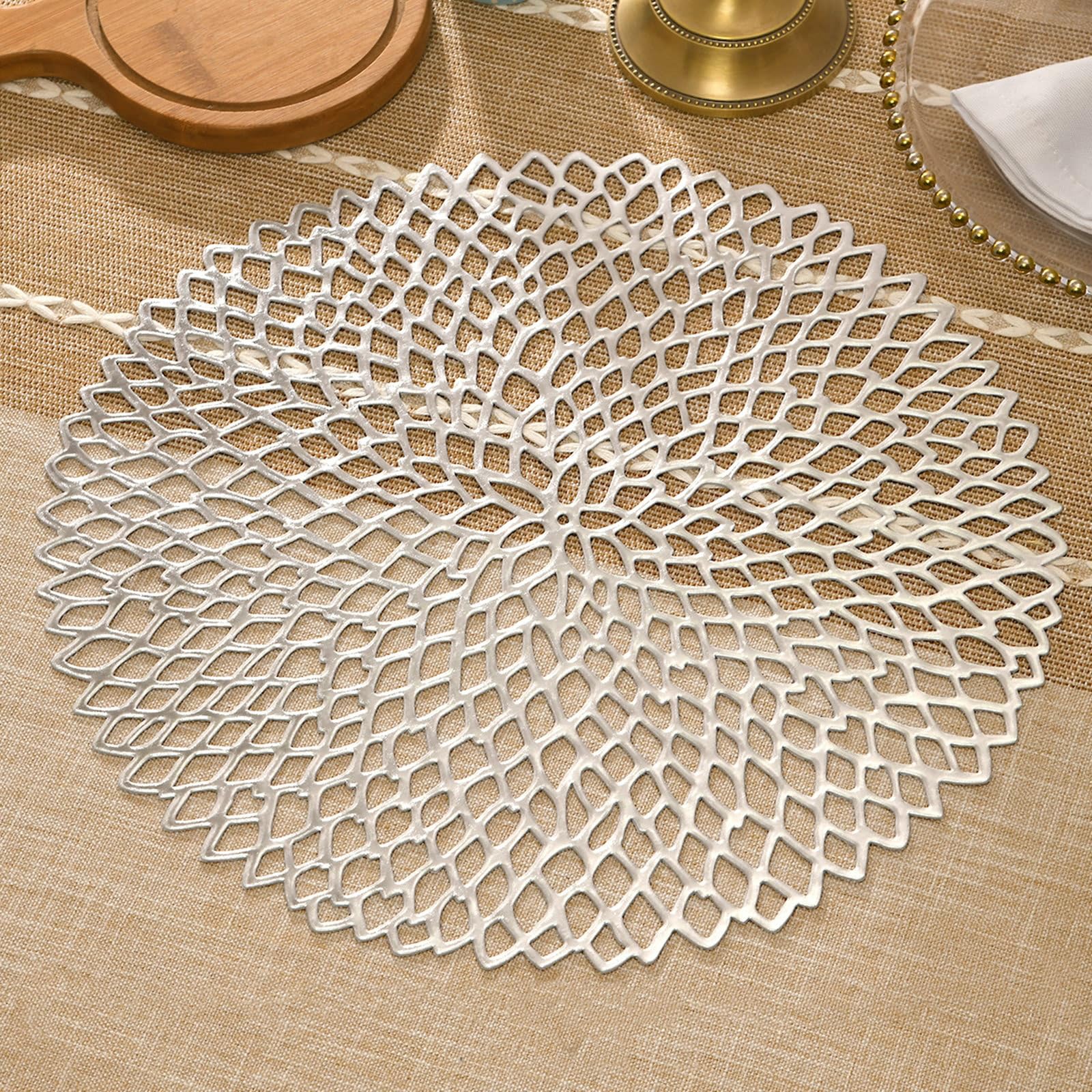Set de table rond PVC lavable 38cm KnSam argent ajouré motif fleur x6