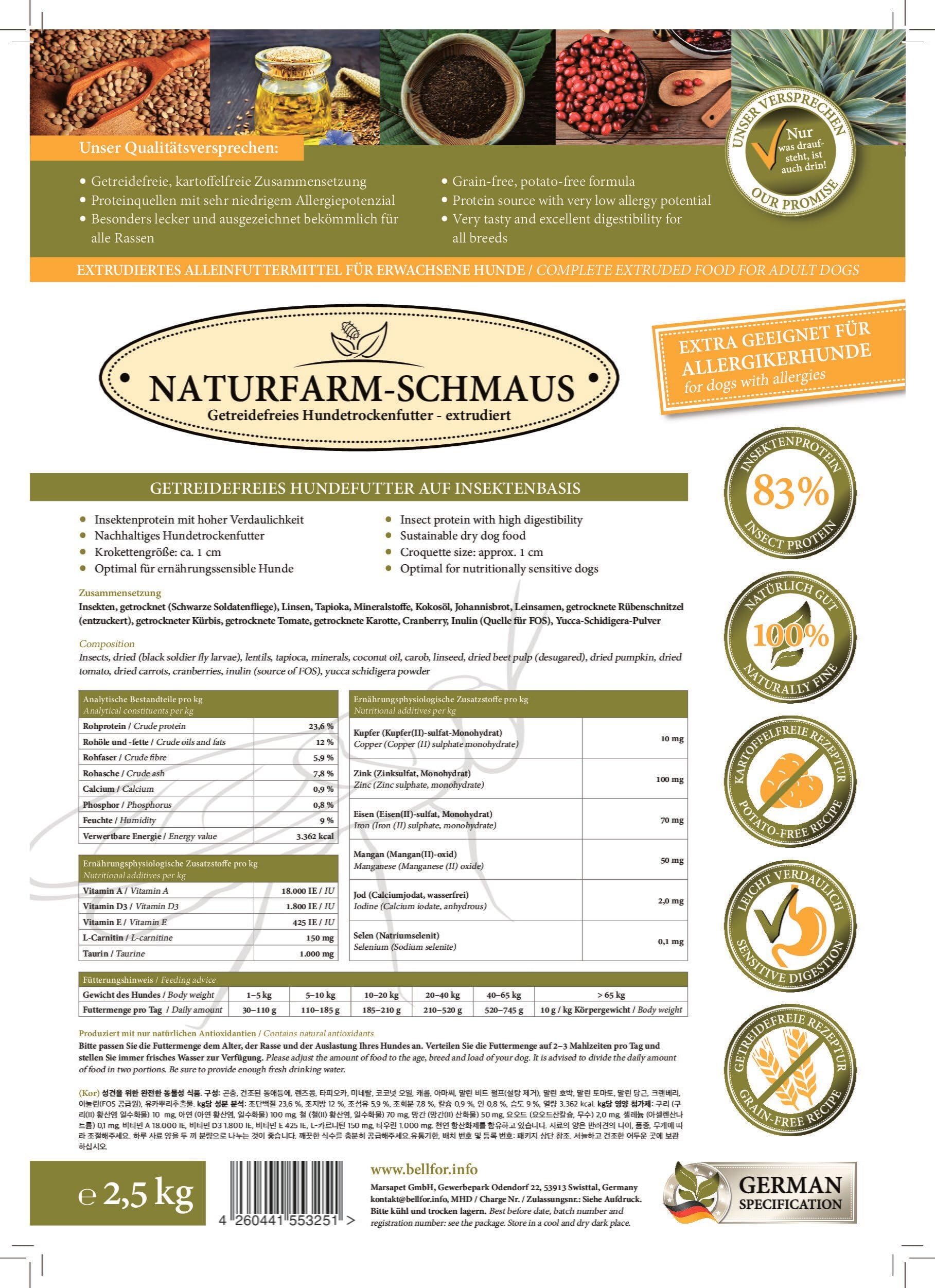 Bellfor Naturfarm-Schmaus Getreidefreies Hundetrockenfutter mit Insekten mit hoher Verdaulichkeit ohne tierische Nebenerzeugnisse 7,5 kg