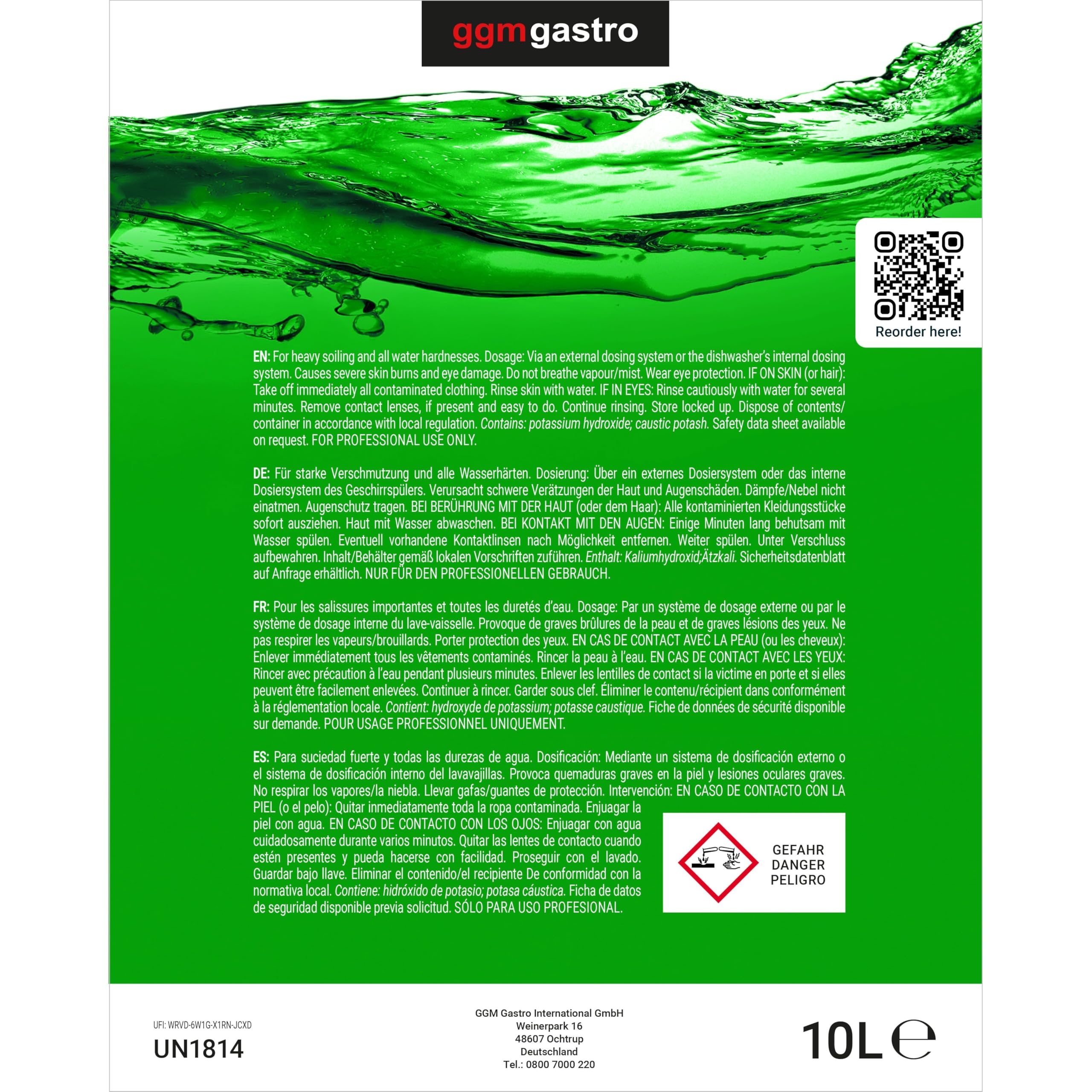GGM Gastro | MSRH10S#4 | (4 pièces) Liquide vaisselle pour machine (liquide) - 10 litres - Écologique et sans chlore