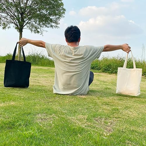 Miniatura 7 de Koolmox Bolsa de mano negra, 13.5 x 13.5 x 3.5 pulgadas, paquete de 6 bolsas de lona con fondo ancho y asas reforzadas, bolsa de lona de algodón