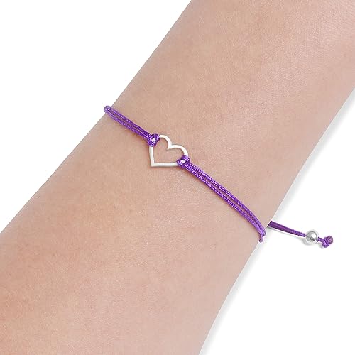 Pulsera de la amistad púrpura para mujer, pequeña plata de ley 925 hecha a mano con forma de corazón abierto, tira de hilo ajustable de cuerda de