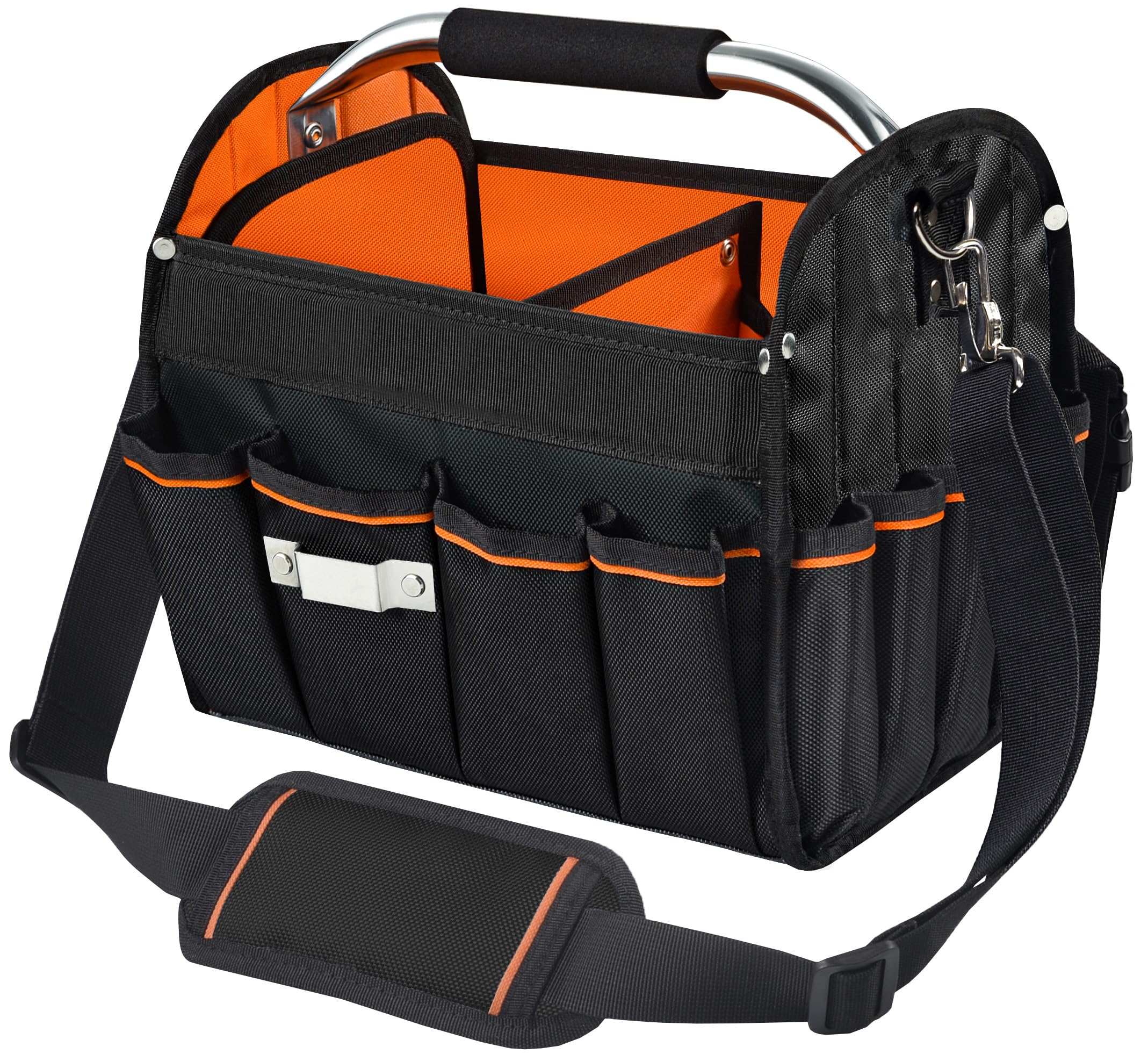 31cm 40 cm 46cm Open Top Tool Tote Bag with Soft Handle and Shoulder Strap, 1680D Thick Durable Ballistic Fabric, Has 29 Pockets for Tool Storage and Orange Interior (12 IN Black)