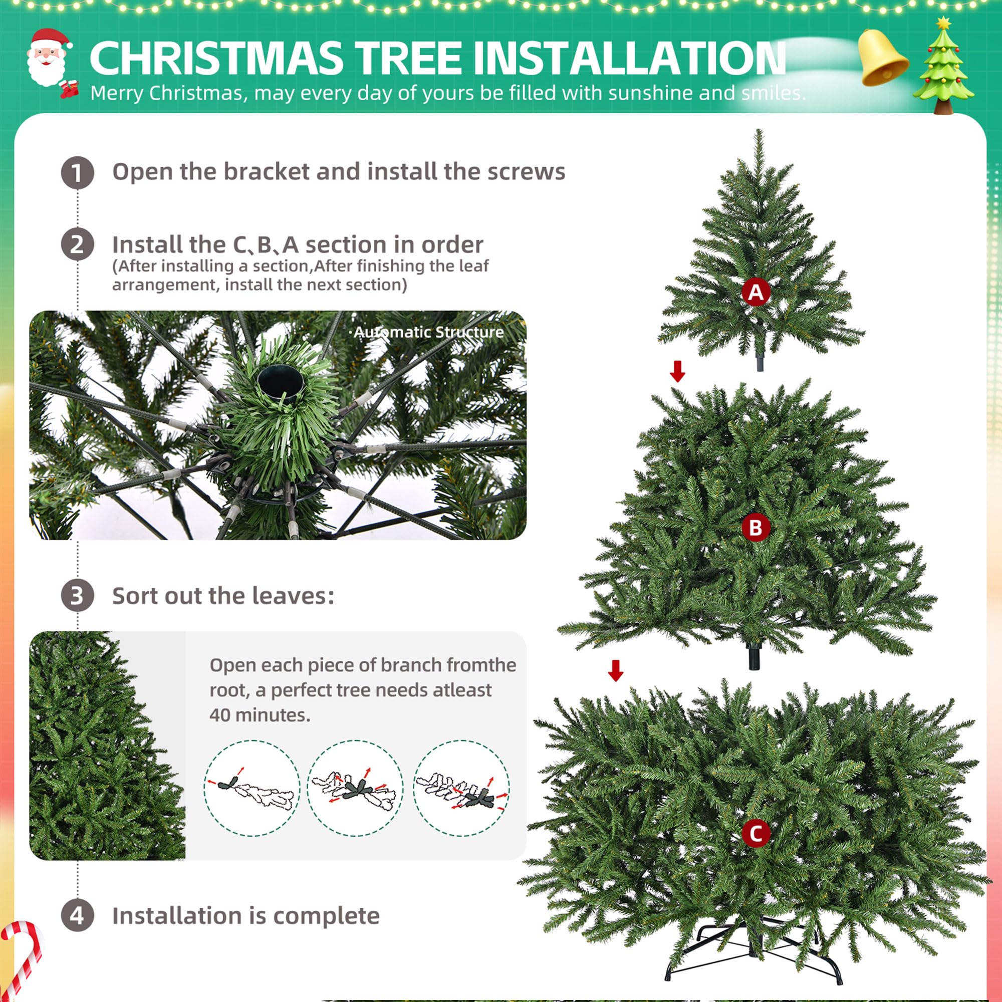 Árbol De Navidad Artificial De 7 Pies, árbol Completo De Abeto Con Bisagras Sin Iluminación De Alta Calidad Con 2231 Puntas De Rama, Soporte De Metal, Estructura Con Bisagras, árbol De Navidad De