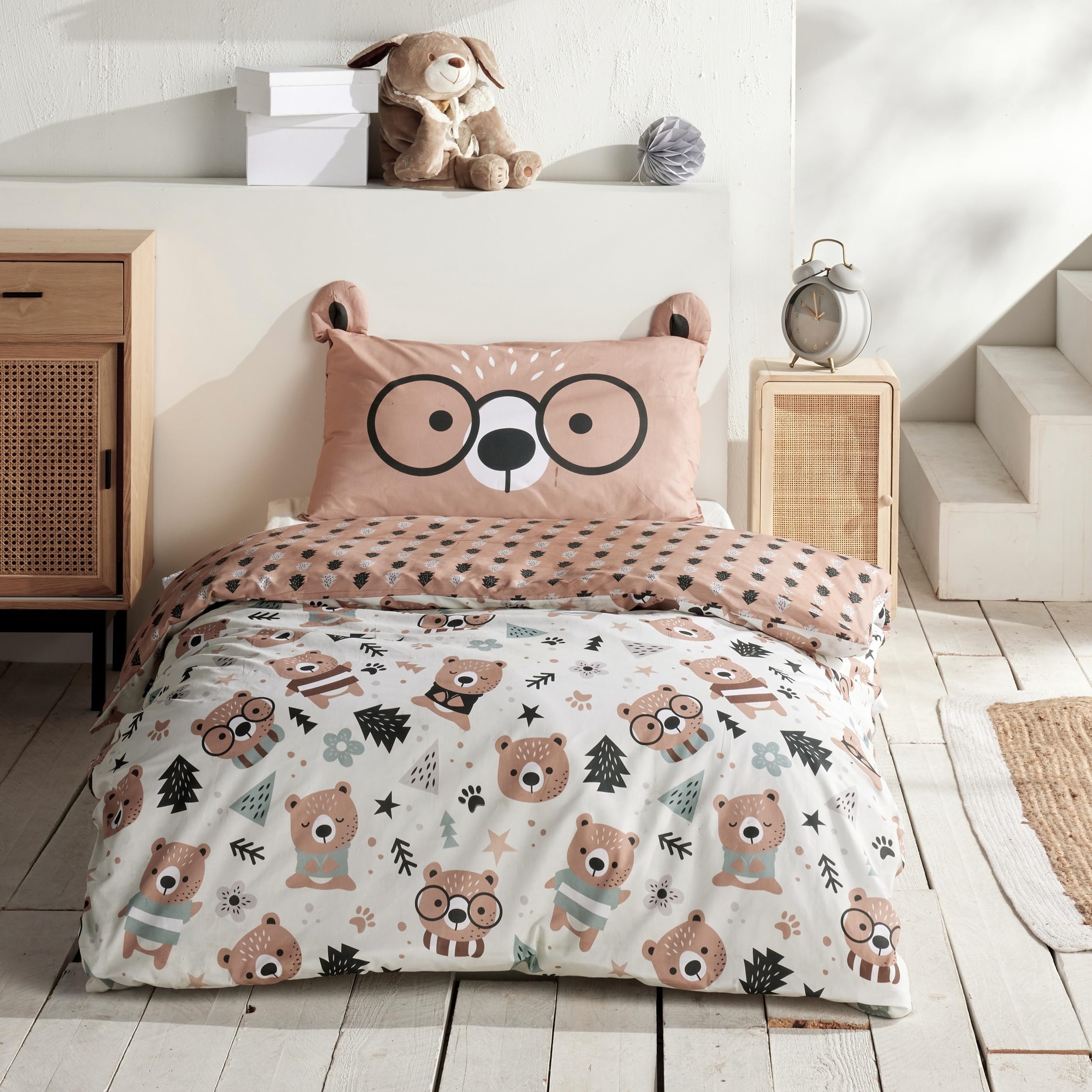 Bear 2-Piece Bed Linen Set - 135 x 200 cm Duvet Cover and 80 x 80 cm Pillowcase with Ears - Children's Bed Linen Brown with Bear - 100% Cotton with Zips - Renforcé Quality, Oeko-Tex-image-2