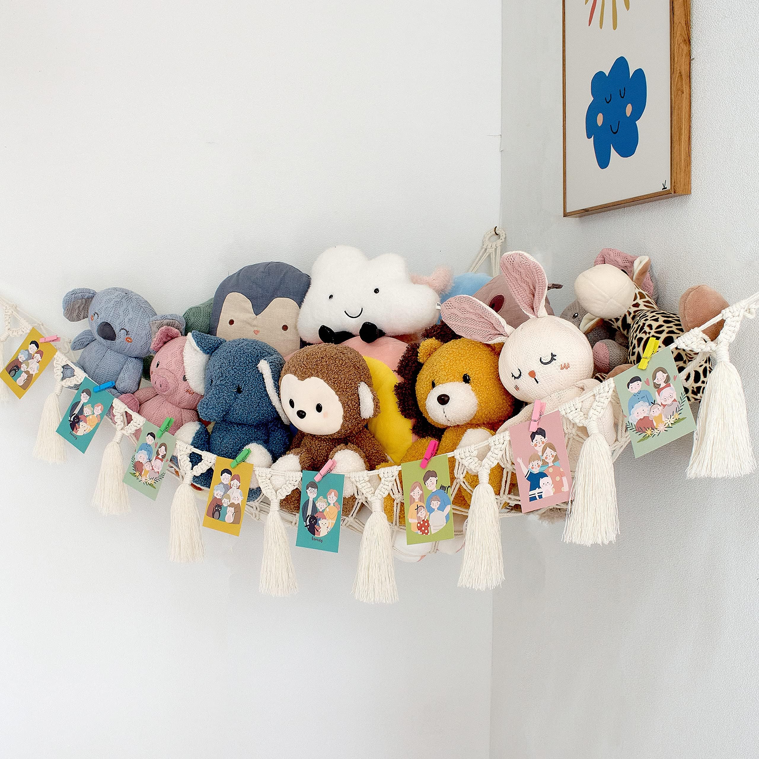 KASHIWA Toy Hammock - for Stuffed Animals and Plush Toys, Soft Net Storage with Wooden Photo Clips, Soft Corner Hanging Netting (White)