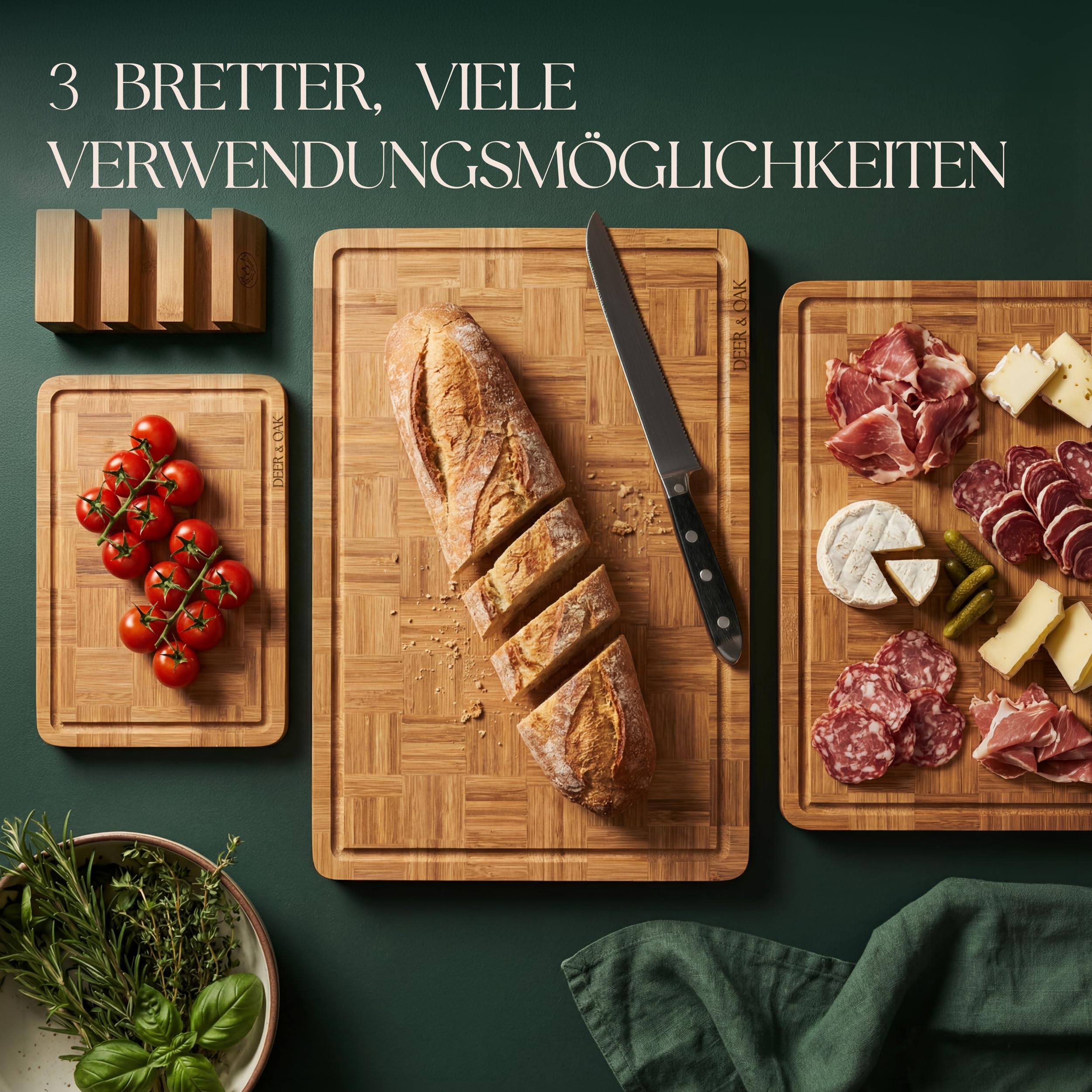 Deer & Oak 3-teiliges Schneidebrett-Set aus karbonisiertem Endkorn-Bambus mit Ständer, vorgeöltes Holz-Schneidebrett-Set, Korbgeflecht-Design, langlebige Metzgerblock-Schneidebretter