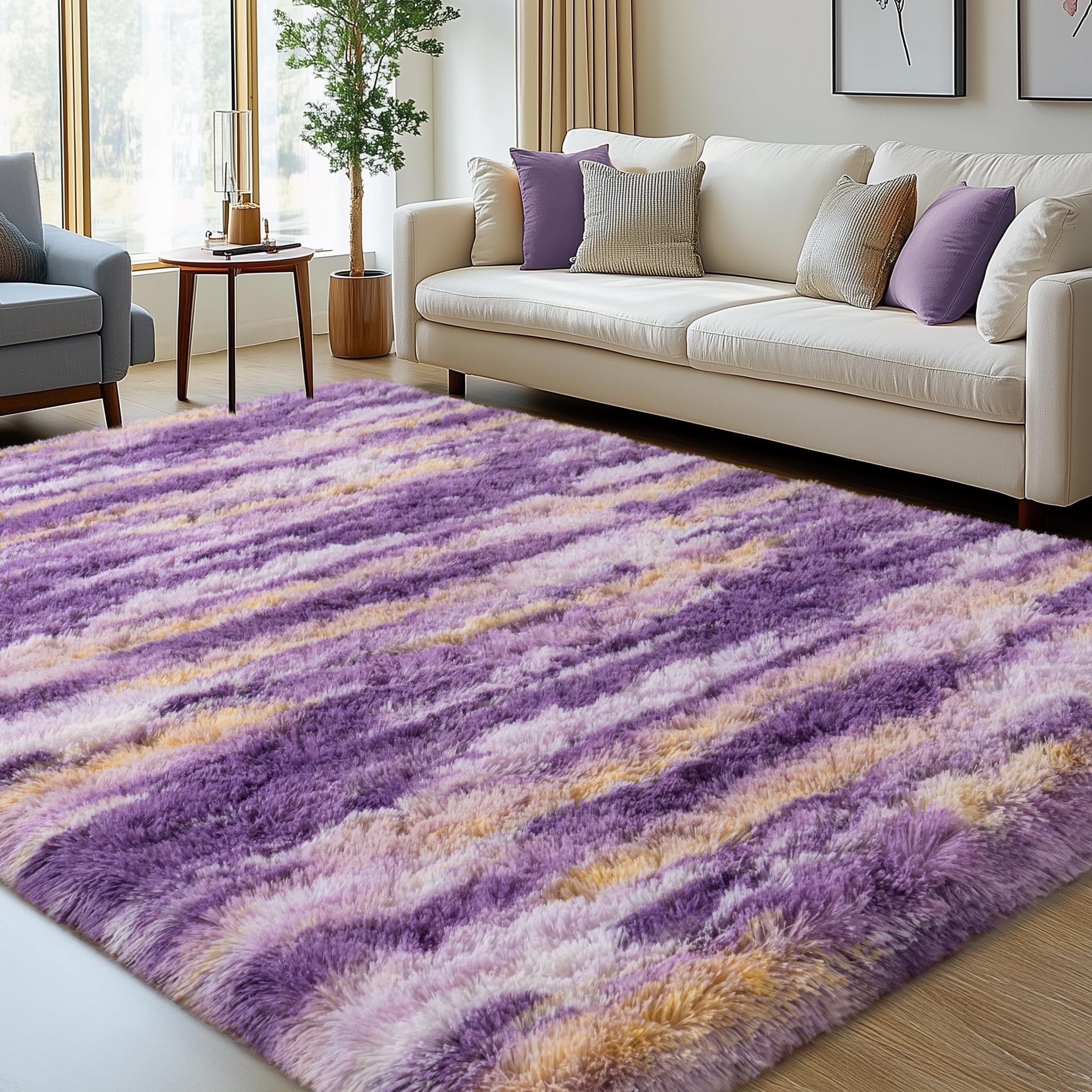 Fluffy Rugs for Living Room Bedroom, 4x6 Feet Abstract Purple Shag Area Rug, Non-Slip Indoor Modern Fuzzy Plush Floor Carpet for Dorm Nursery Kids Room Decor, Soft Shaggy Throw Rug — image 1