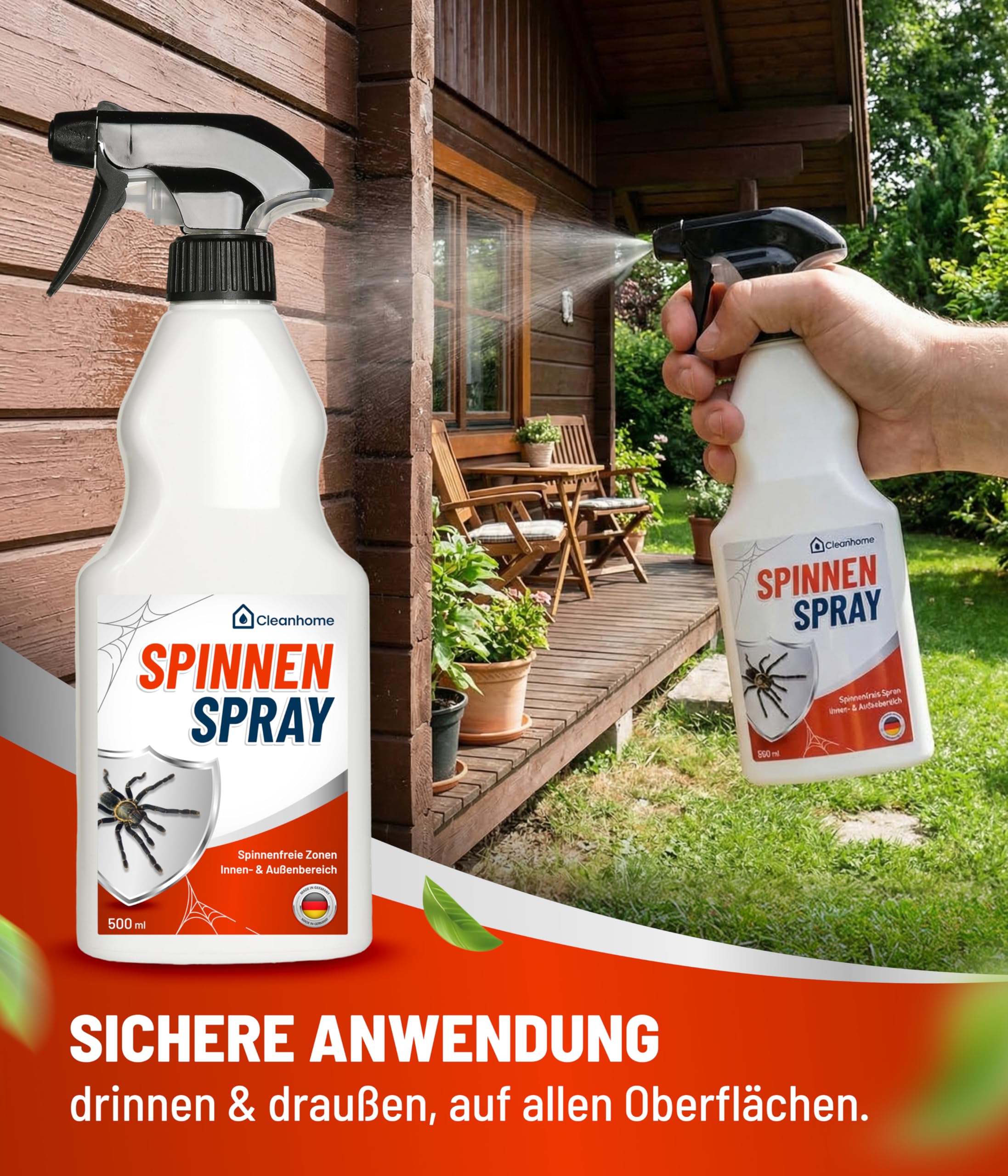 CLEANHOME® Spinnenspray 500ml - Effektive Spinnenabwehr für Innen & Außen - Langzeitwirkung bis zu 3 Monate - Sicher für Haustiere - Ideal für Haus & Garten - Made in Germany