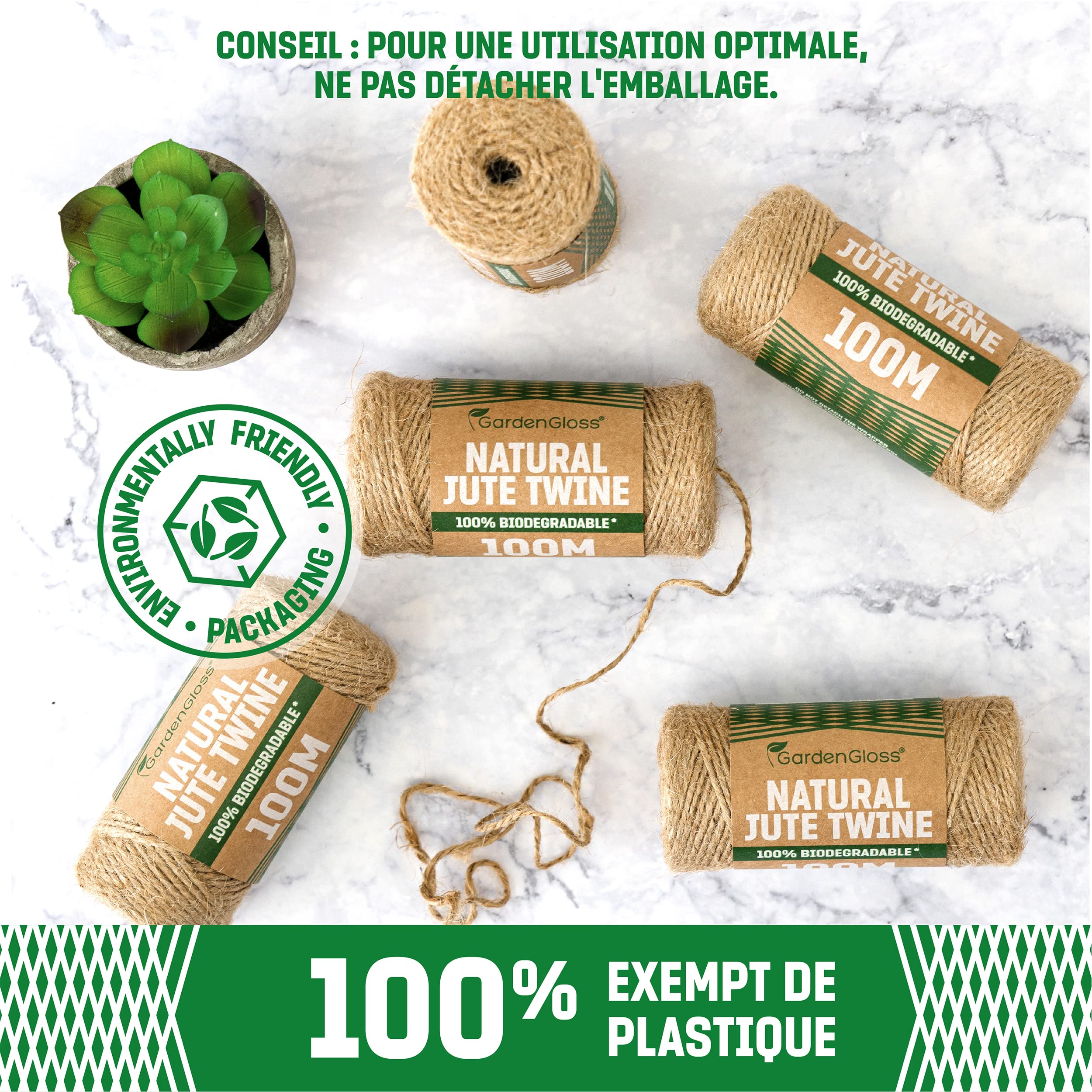 GardenGloss® Ficelle en Jute Naturelle – Ficelle à Deux Brins pour Le Jardin, Les Loisirs Créatifs, Le DIY et l'Emballage Cadeau (100 m de Long, 1 mm d'Épaisseur)