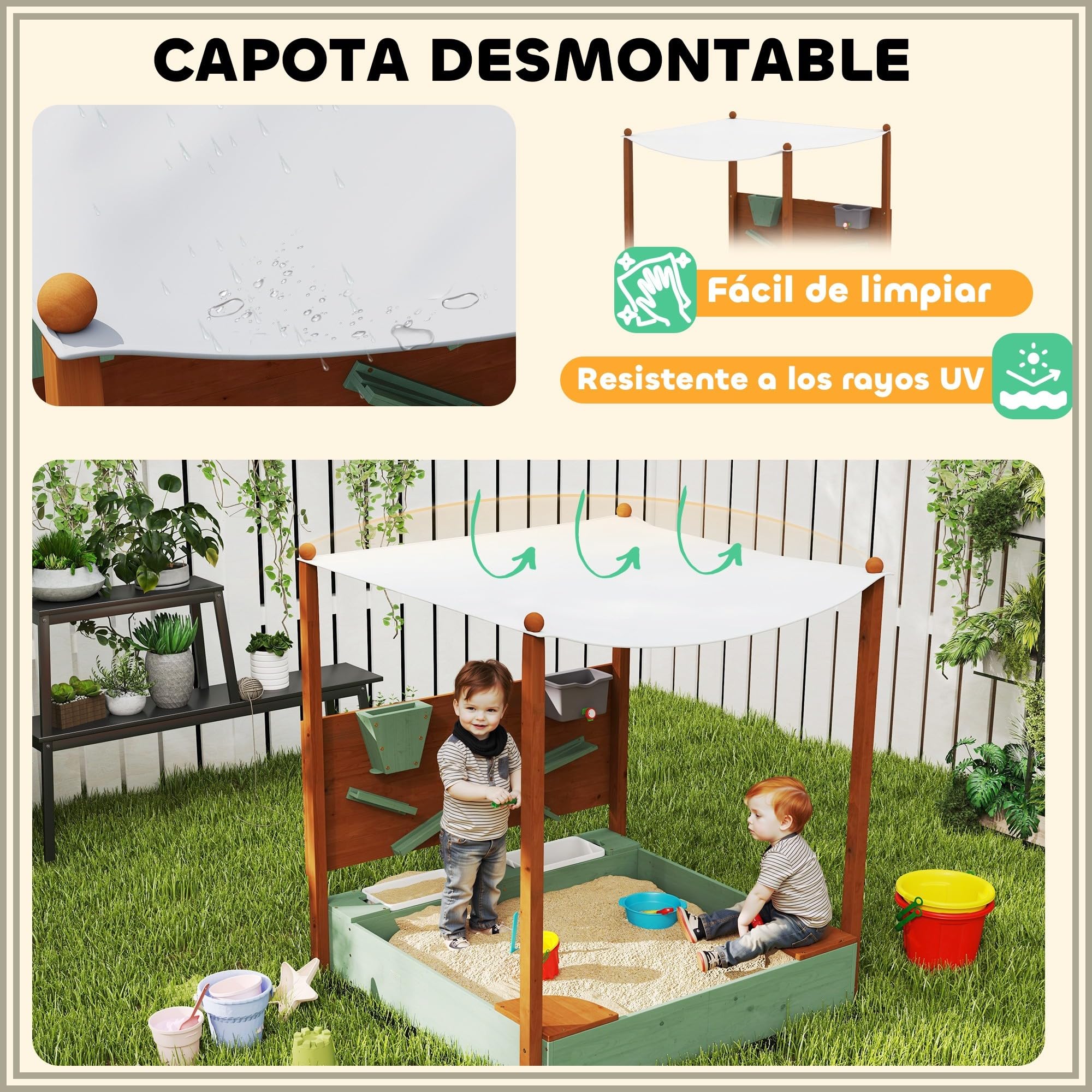 AIYAPLAY Arenero para Niños de Madera con Techo 116x112,5x128 cm Verde