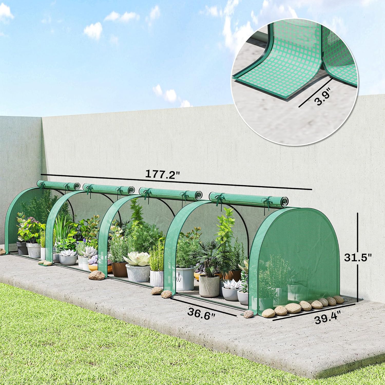 Outsunny Mini Greenhouse, 177.2" x 39.4" x 31.5" Portable Greenhouse with 4 Roll-Up Doors, PE Cover, Small Green House for Indoor Outdoor, Green
