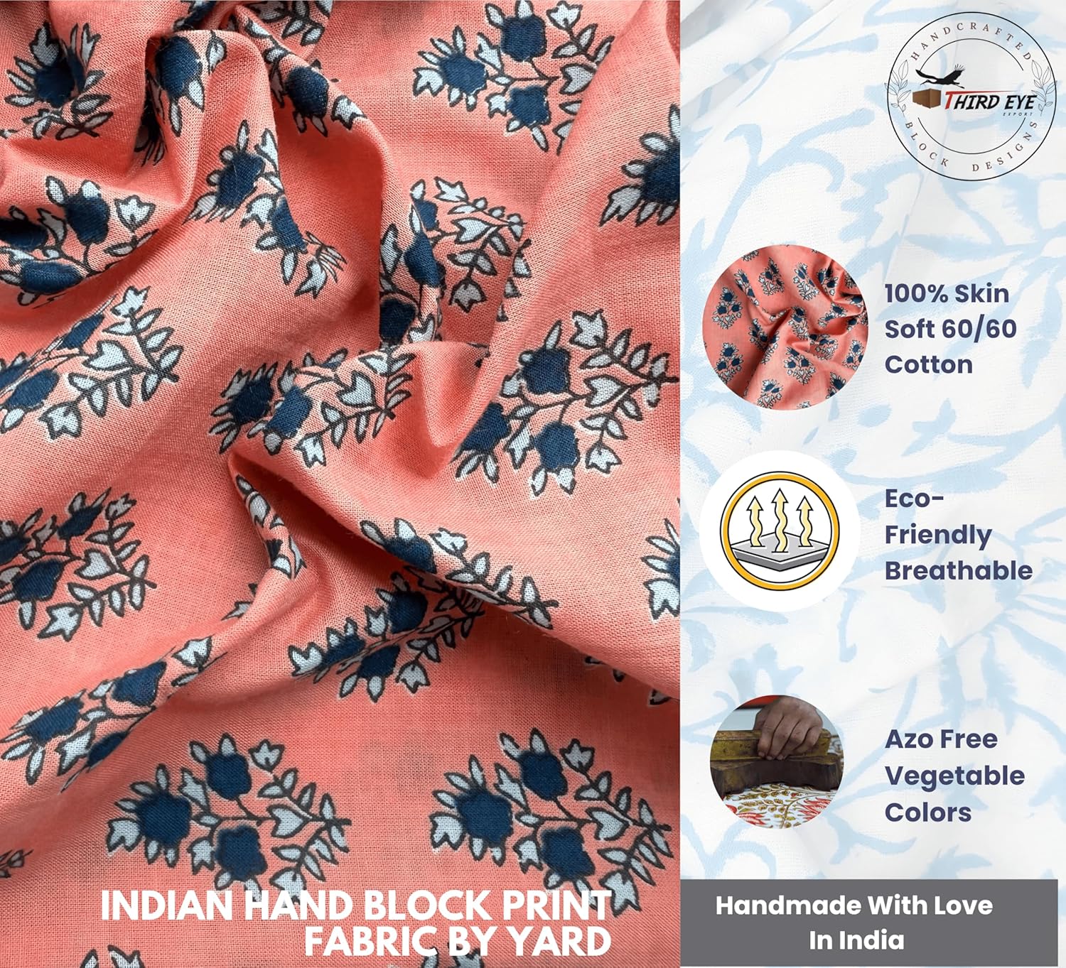 Indian Hand Block Print 60/60 Peach 100% Cotton Fabric by The Yard, Lightweight Floral Quilting & Sewing Fabric for Dressmaking, Upholstery & DIY Craft (TS-166 Peach, 5 Yard Pre Cut)