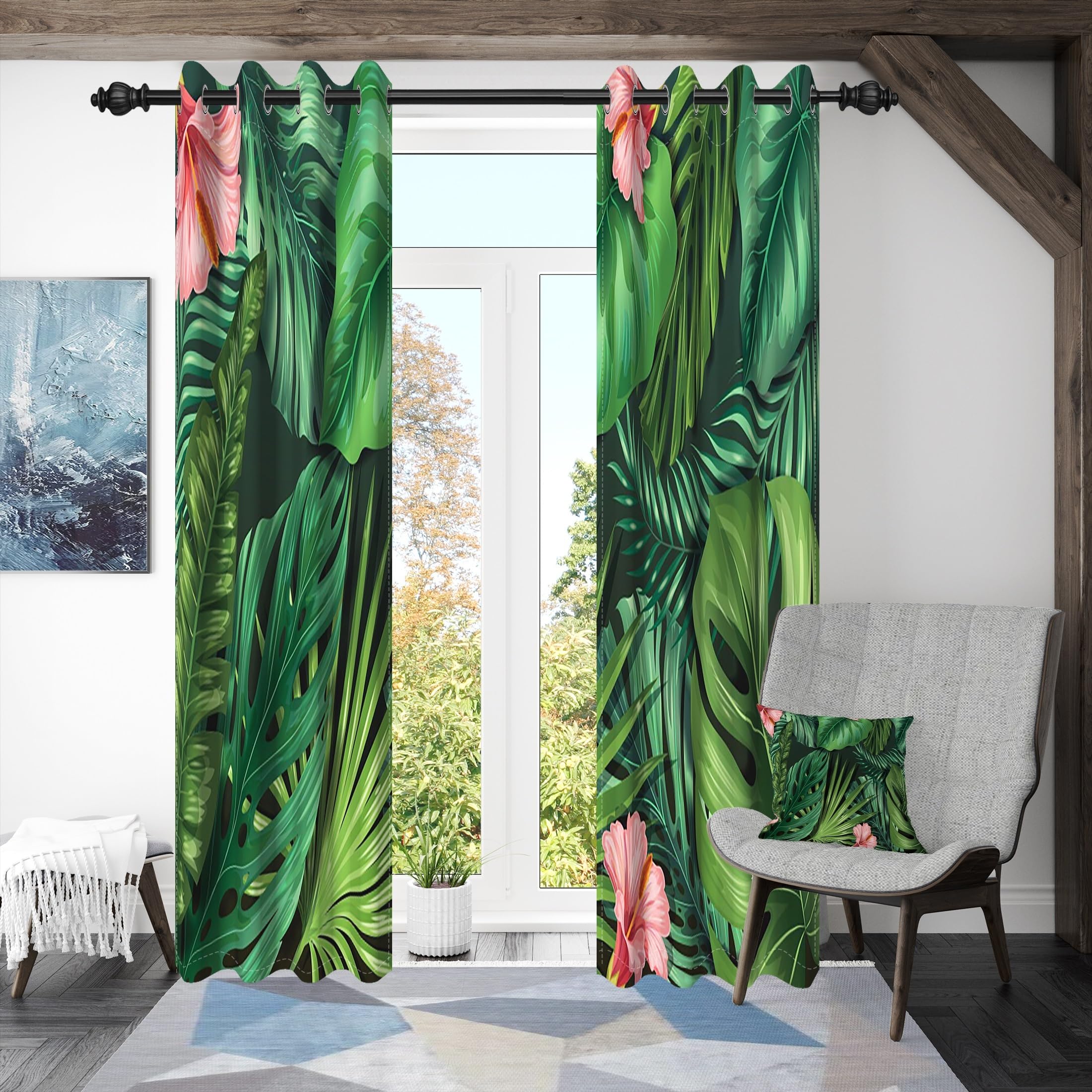 107x160cm Rideaux à œillets Feuilles Tropicales Feuilles de Palmier Vertes Fleur Rose Impression Rideaux isolants Thermiques occultants pour Chambre Salon Salle à Manger,2 Panneau