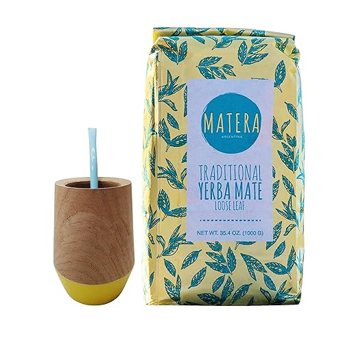 Matera Yerba Mate, comercio directo, kit de iniciación, mate de madera con paja y yerba mate tradicional argentina, 2.2 libras (amarillo mate)