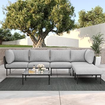 LayinSun 7 Pieces Aluminum Patio Furniture Set, Modern Modular Sectional Sofa with Coffee Table and Upgrade Thickness Cushion