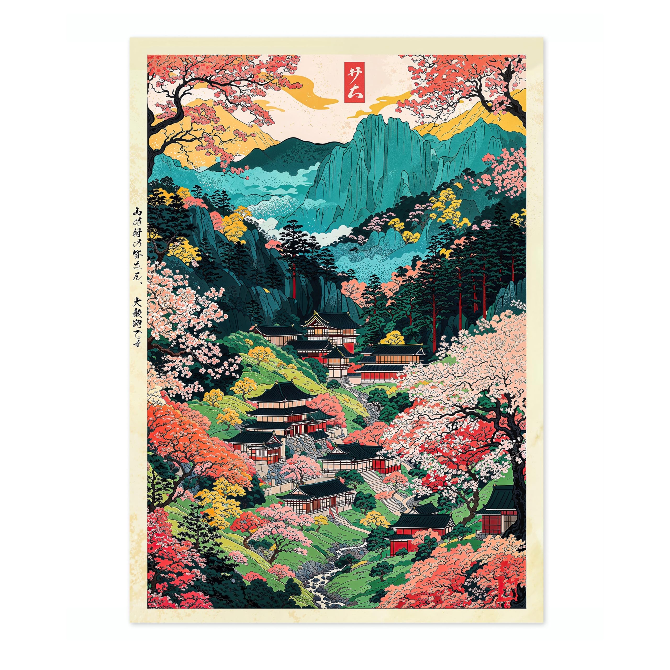 Mount Yoshino Village Anime Woodblock Poster Modern Ukiyo-E, Japanese Cartoon Illustration Print, Archival Matte, A3 (Print Only) - 42x29.7cm