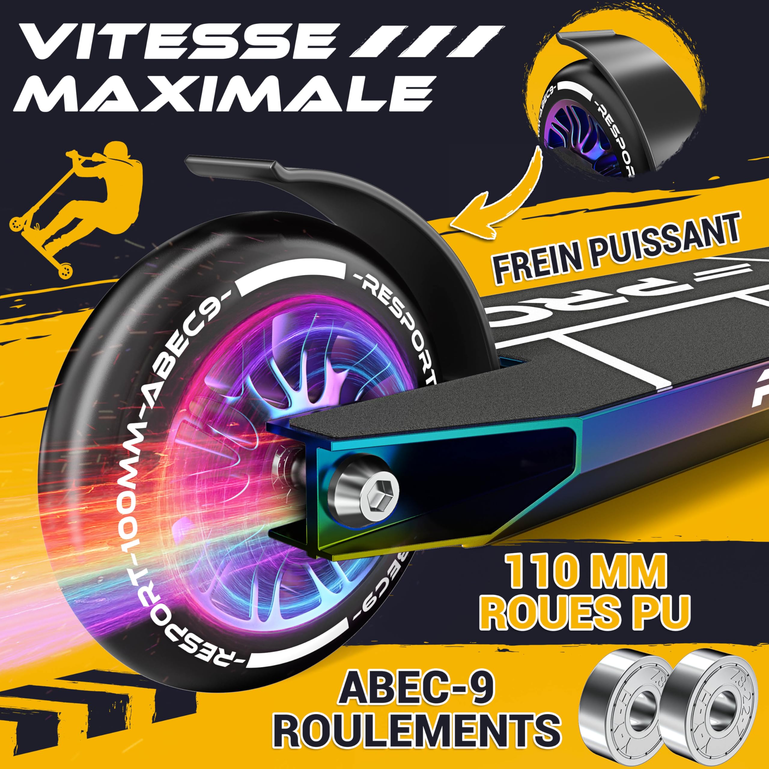 RE:SPORT Trottinette Stunt Revo Pro pour enfants et adultes, avec support, 110 mm, roues en PU et barre en Y, roulement à billes ABEC 9, trottinette cascade, trottinette cascade, trottinette freestyle
