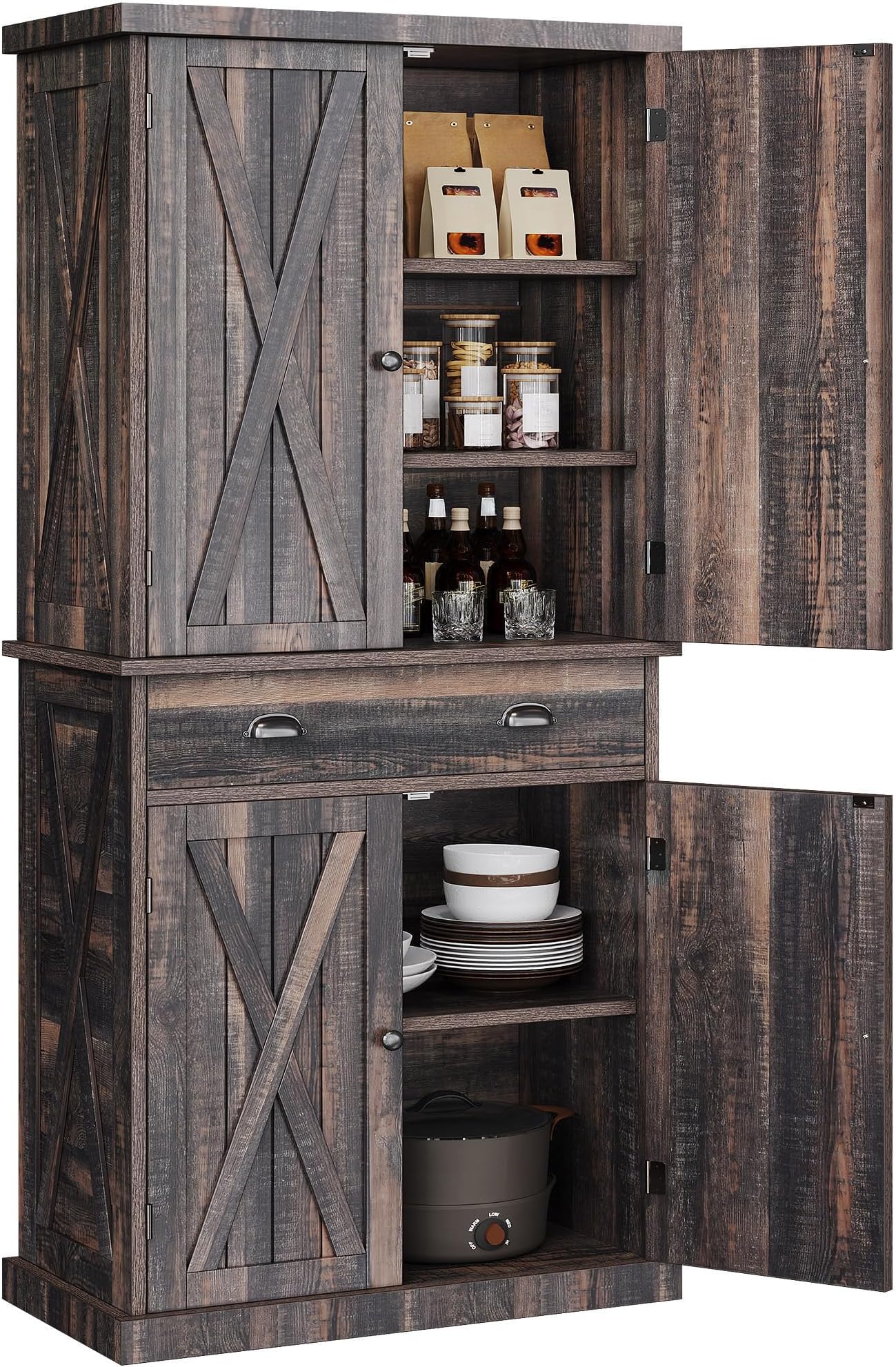 YITAHOME 72'' Tall Kitchen Pantry, Farmhouse Kitchen Storage Cabinets with Barn Doors, Drawer and Adjustable Shelves, Freestanding Wood Cupboard for Dining Room, Bathroom, Dark Rustic Oak