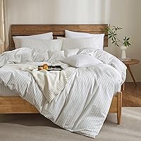 Vista 10 de Juego de funda de edredón a rayas tamaño Full 3 piezas 100% algodón lavado con textura parecida al lino natural arrugado cómodo transpirable