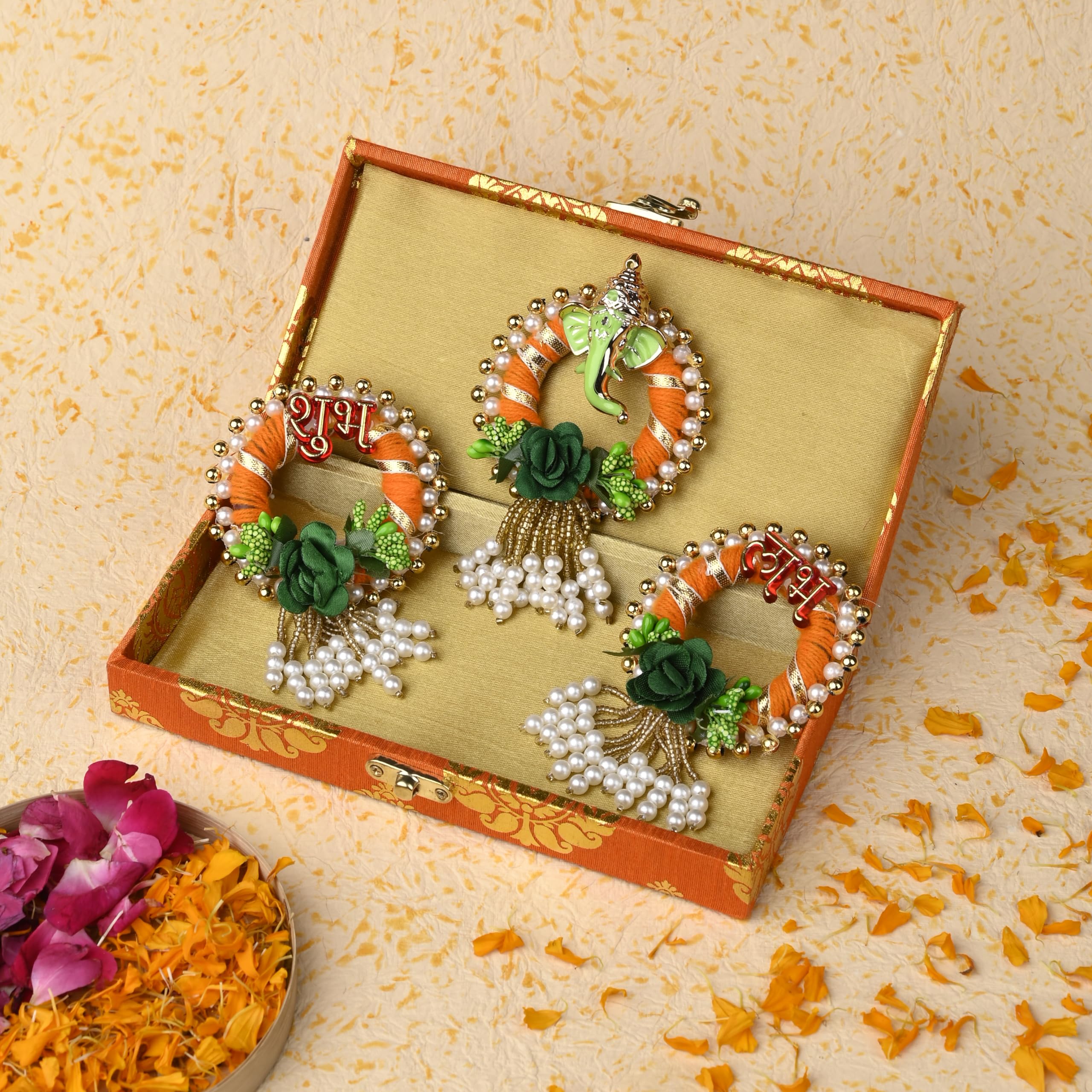 Traditional Cash Box Set with Subh Labh Door Hanging - Handcrafted Diwali Home Decor(Orange, Pack of 1)-image-37