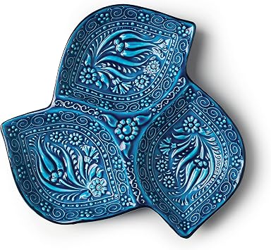 Leaf Ceramic Appetizer Plate, 3-Compartment Snack Tray, Blue Serving Tray