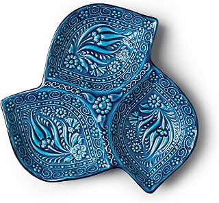 Leaf Shaped Decorative Ceramic Appetizer Plate - 3 Compartment Snack Tray Floral Pattern Serving Platter Cute Blue Divided Plates Embossed Dinnerware Bowls Dish for Fruits, Dips