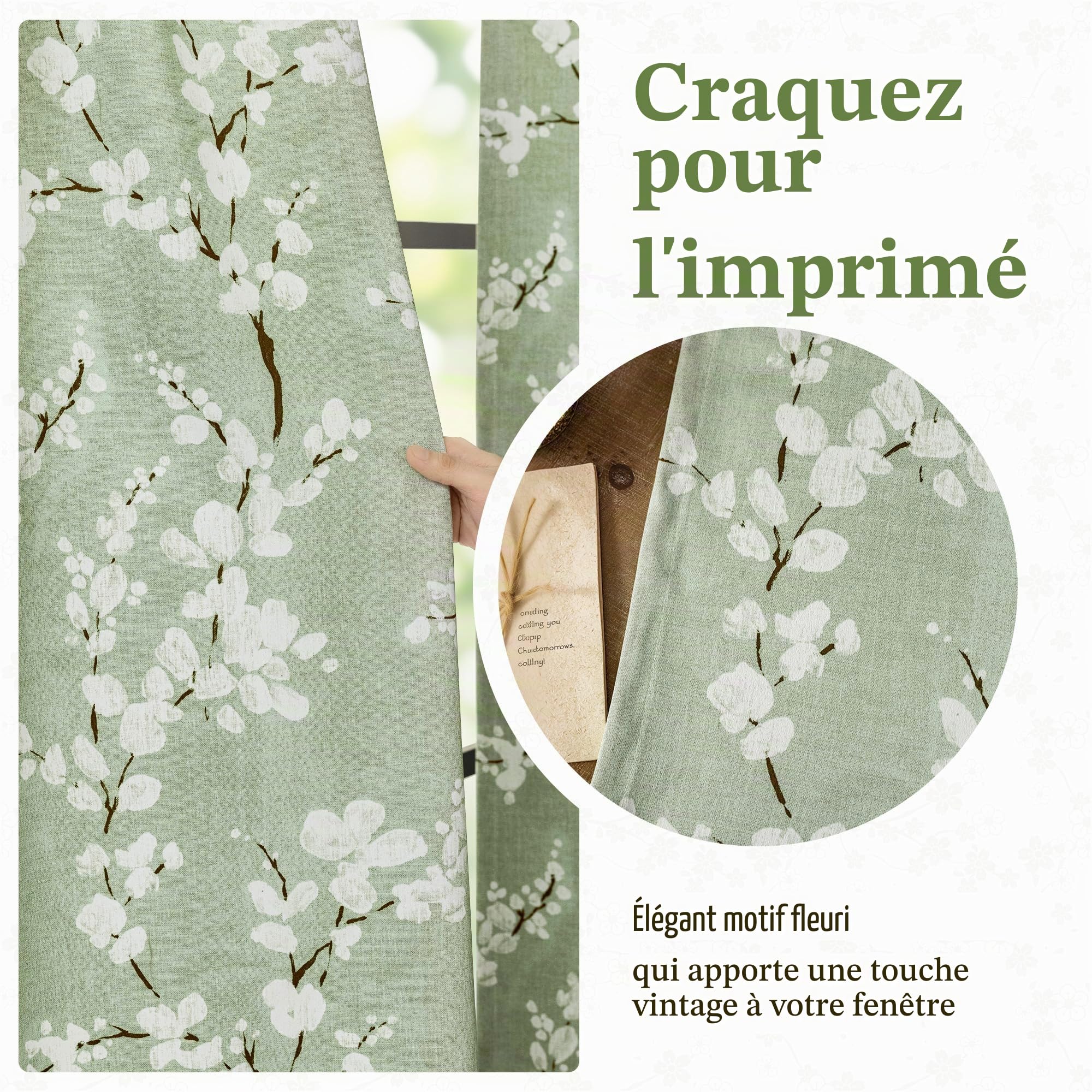 FMFUNCTEX Lot de 2 Rideaux 100% occultants à Motif Floral pour Chambre à Coucher, Vert Sauge, 213,4 cm de Long, pour Salon, Rideaux à Isolation Thermique avec œillets de Style Ferme, Blanc sur Vert