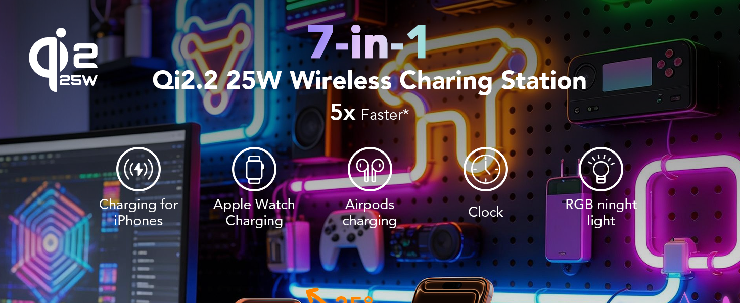 7 in 1 Alarm Clock with Wireless Charging,Charging Station with Night Light